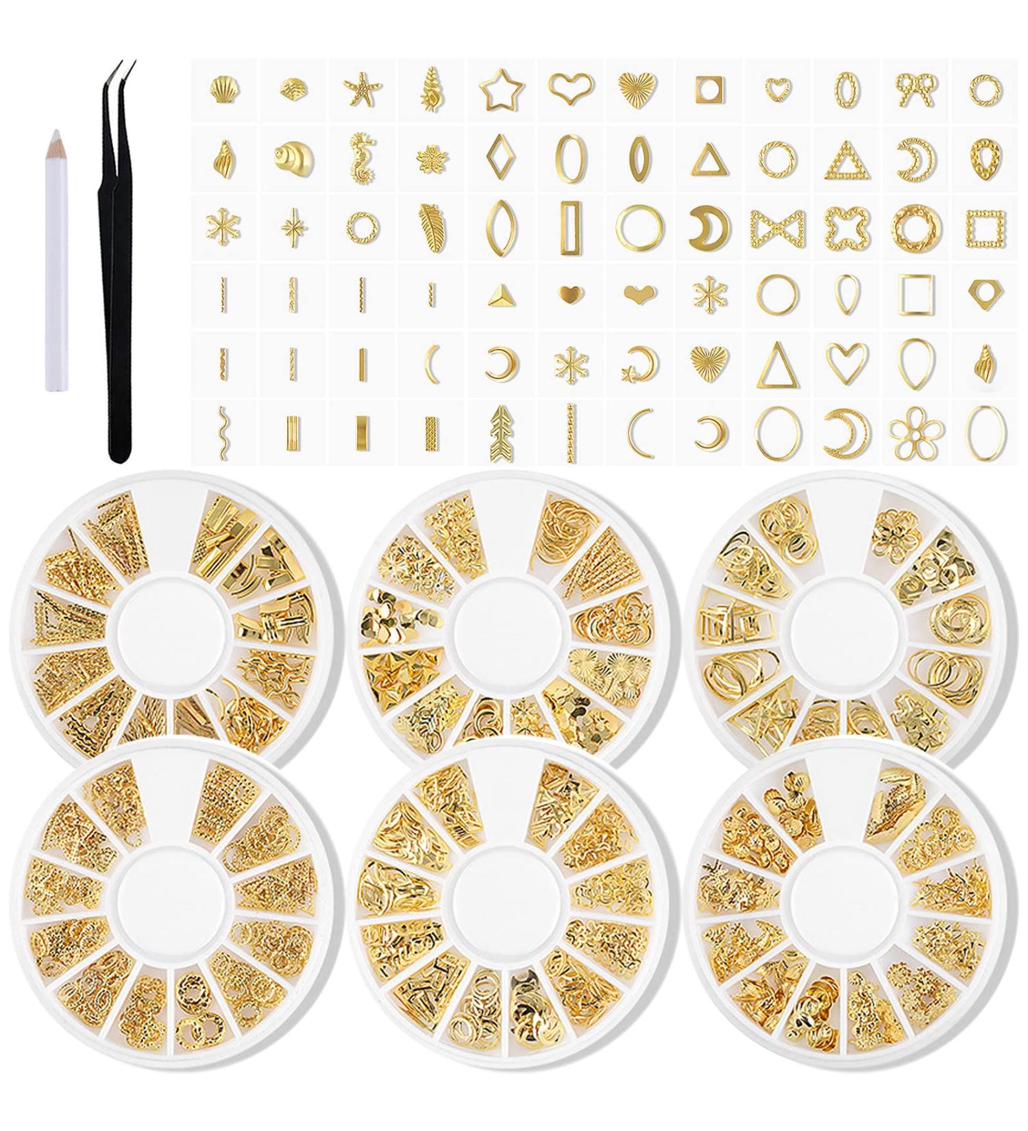 XEAOHESY 6 Boxes Gold Nail Charms for Nails - Geometry Heart Moon Line Sea Creatures Metal Studs, 3D Nail Art Jewelry Decoration with Tweezers and Wax Pencil - Buy Online on SooperMarket.com
