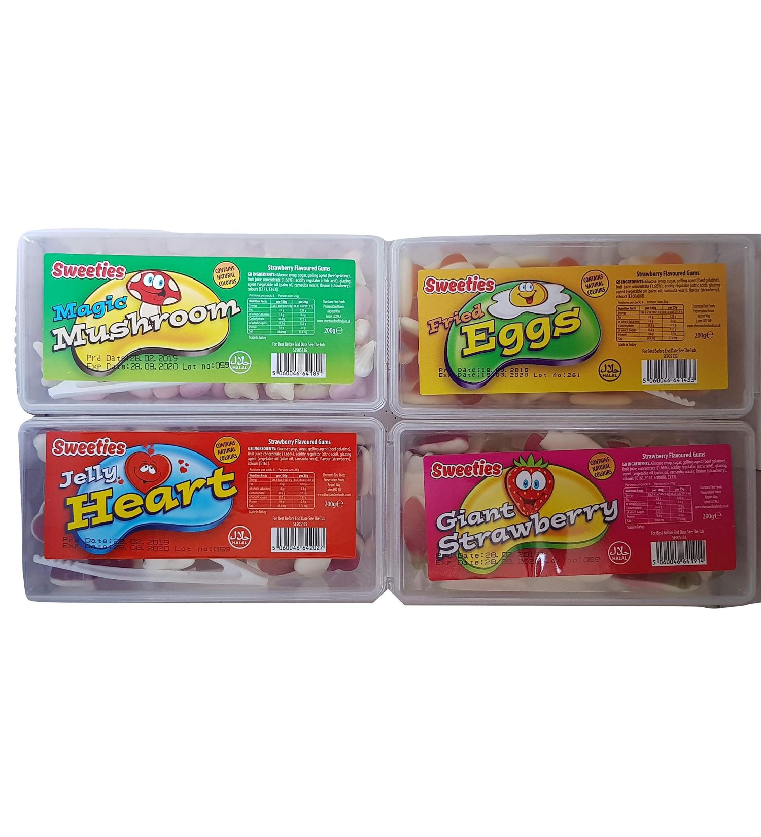 Gum Jelly Sweets Food Set Fruit Flavoured Fried Eggs Mushrooms Giant Strawberry & Love Hearts Retro Sweeties Candy Tubs Gift for Kids of All Ages 800g from Kingdom Supplies. - Buy Online on SooperMarket.com