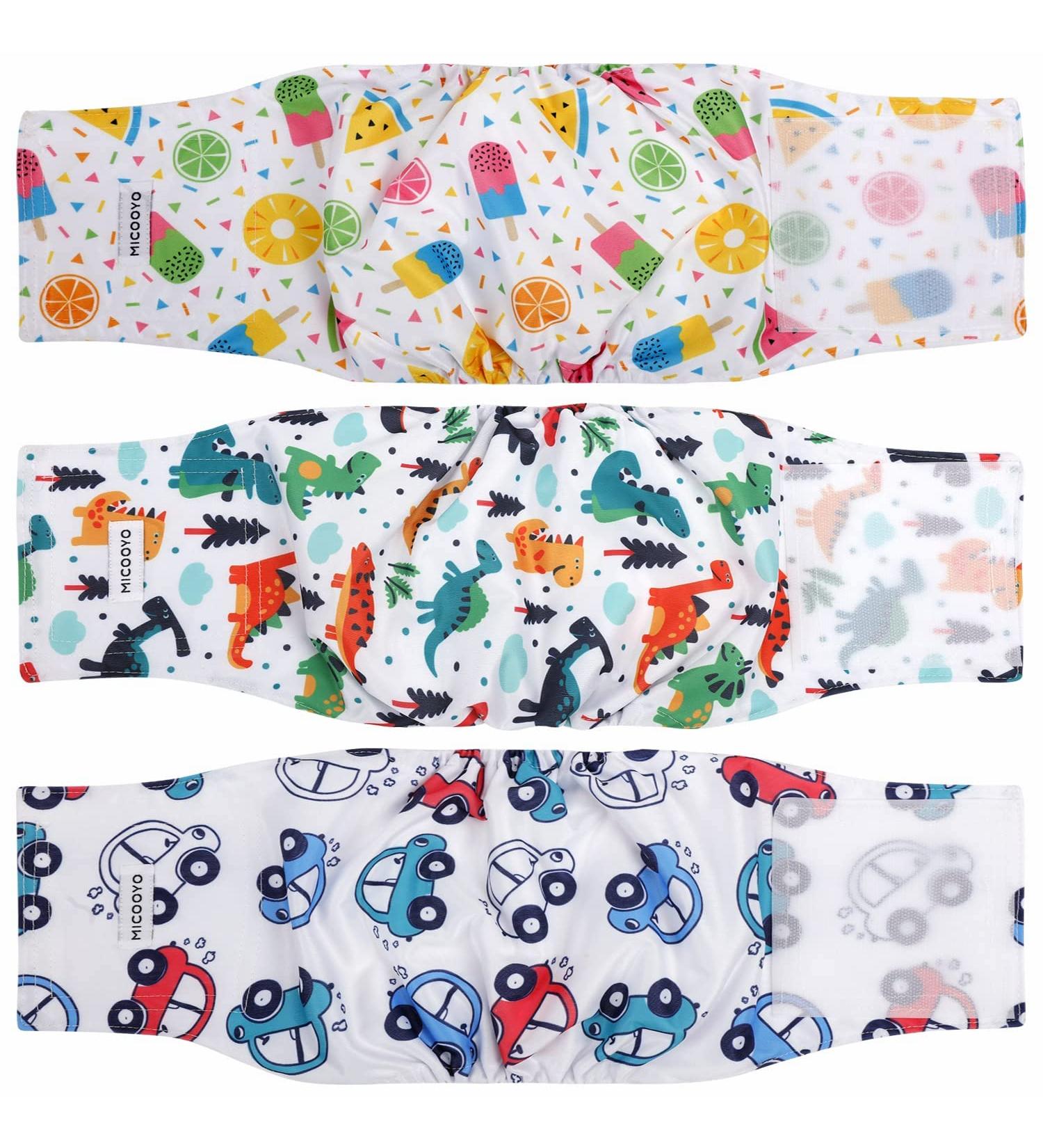 Buy Micoooyo Washable Abdominal Bandage for Males | Reusable Dog Diapers | Medium Suctionable Dog Wraps (3-Pack) - Animals Fruits & Cars | Adjustable Closure 33-40.6cm Waist - Buy Online on SooperMarket.com