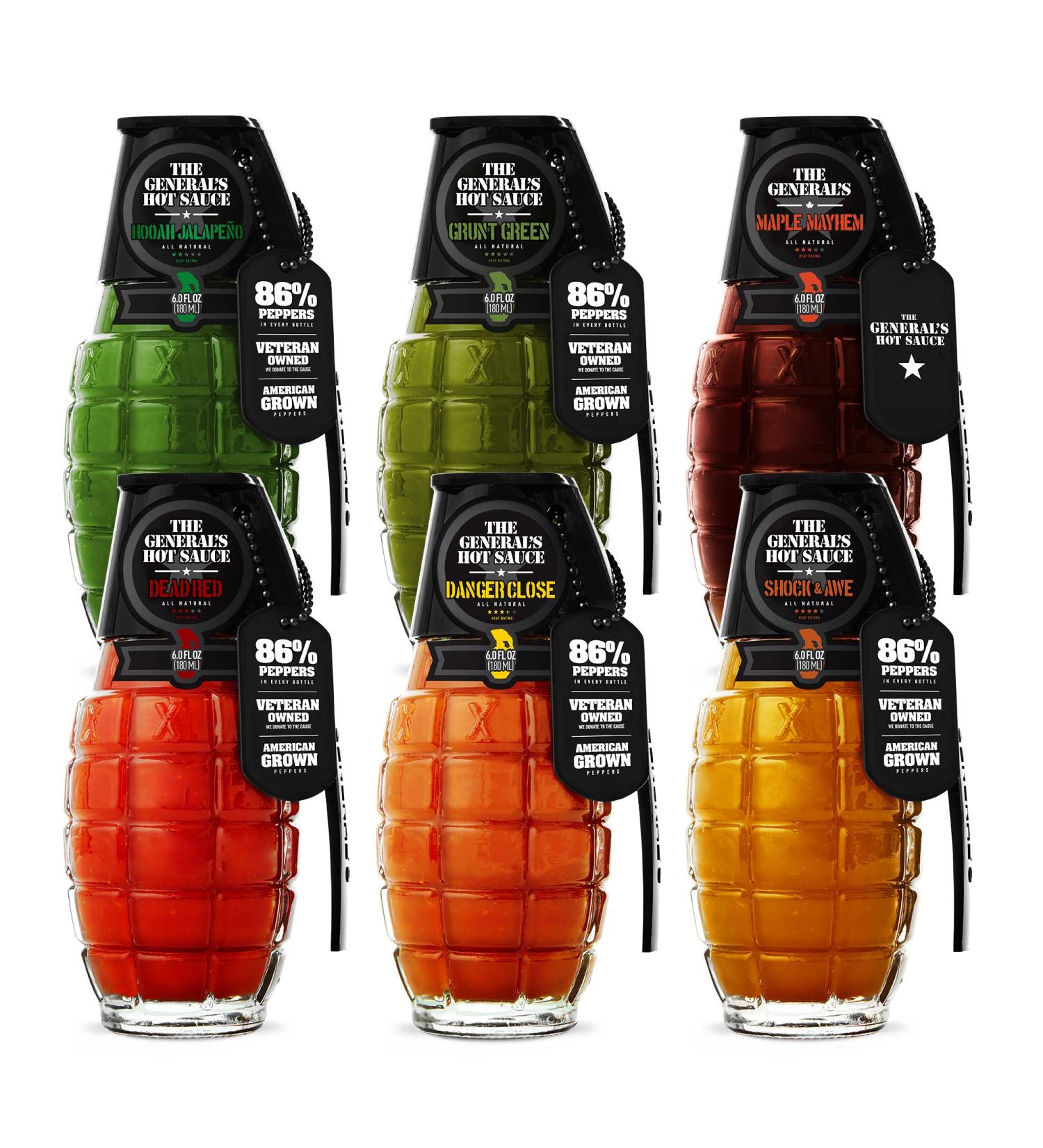 The General's Hot Sauce Super 6 - American Grown & Veteran Owned Gift Set | 6 Pack of All Natural Gourmet Hot Sauce in Glass Grenade Bottles | Made in USA - Buy Online on SooperMarket.com