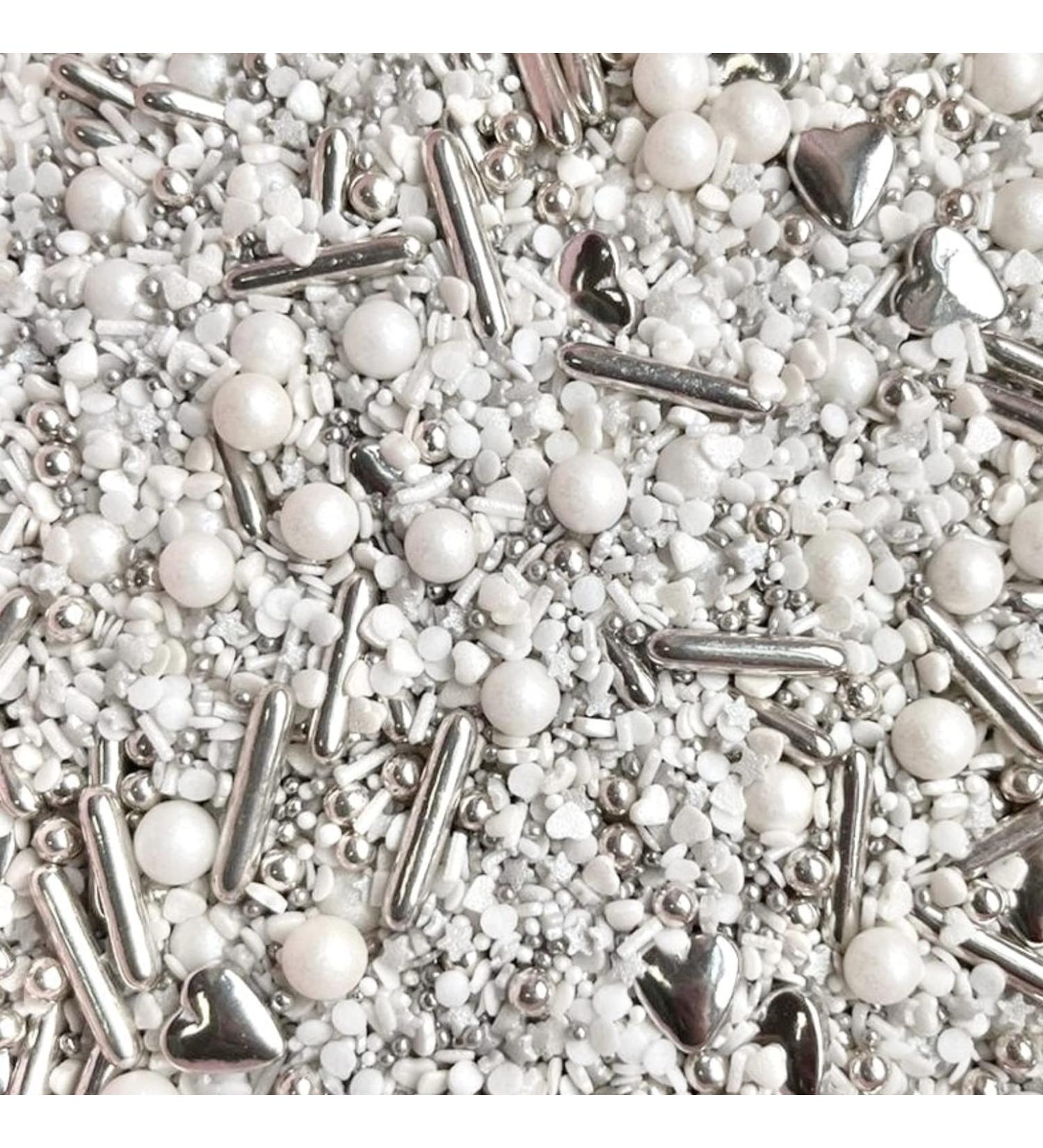 Silver sparkle white metallic wedding anniversary hen Sprinkles for cupcake cookies cake toppers pearls balls 100s and 1000s pearls decoration edible SILVER SPARKLE