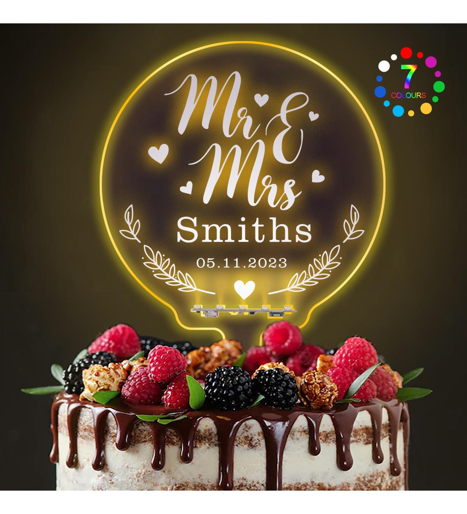 LED Personalised Wedding Cake Toppers 7 Colour Changes Light Up Cake Topper Wedding Bride and Groom Anniversary Cake Toppers MR & MRS Wedding Cake Decorations with Any Name(Design 1) - Buy Online on SooperMarket.com