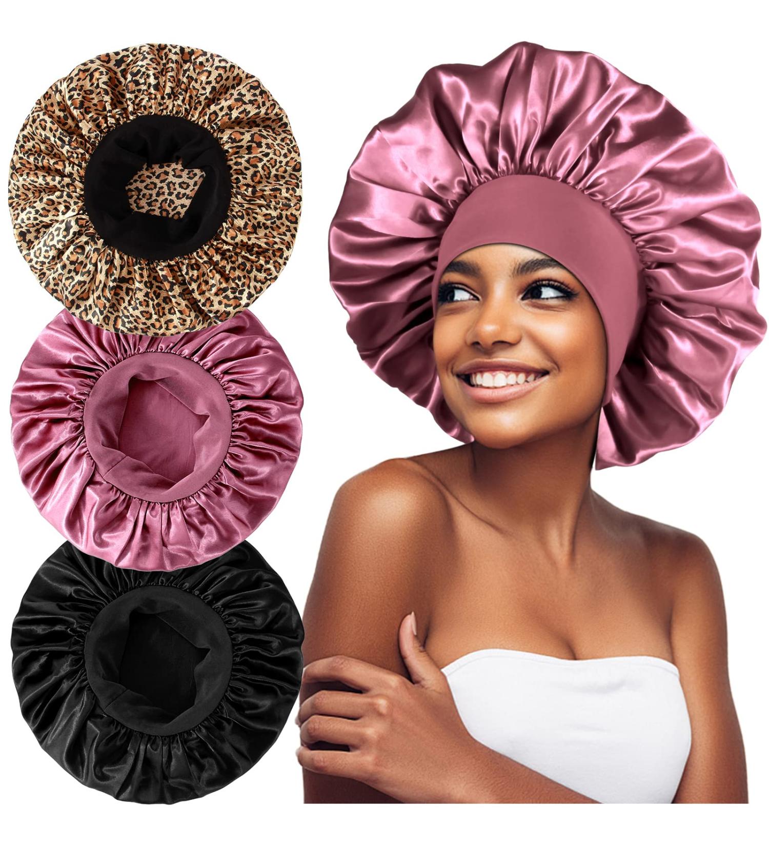 3PCS Extra Large Satin Bonnets for Sleeping - Hair Bonnets for Black Women - Braids Curly Hair - C-black, Rose Gold, Leopard - Buy Online on SooperMarket.com