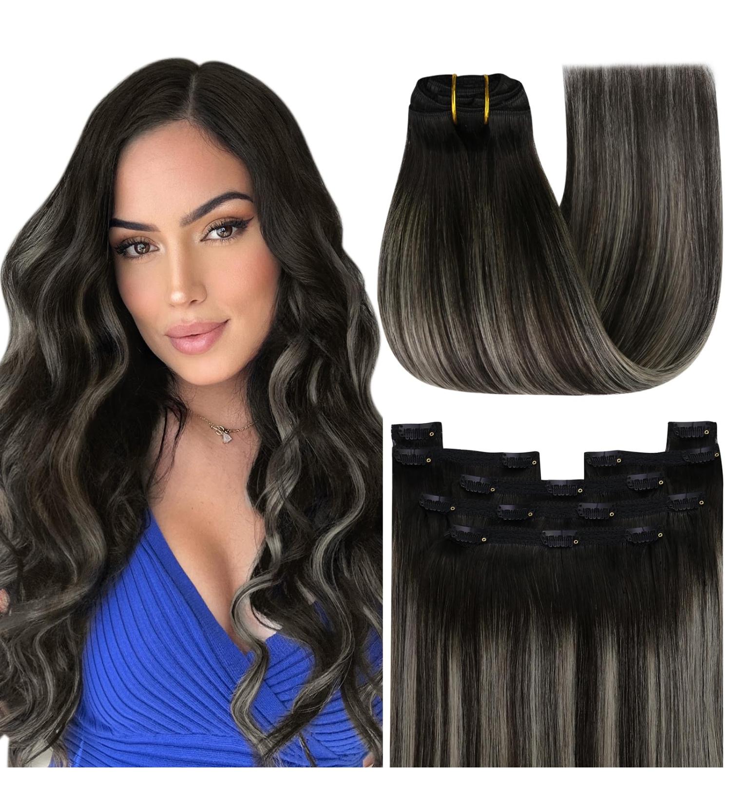 Buy Youngsee 50cm Clip-in Real Hair Extensions - Gray & Black | 120g 7PCs Smooth High-Quality - Buy Online on SooperMarket.com