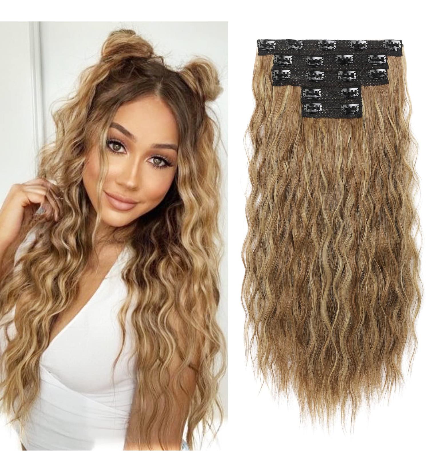 REECHO Clip in Hair Extensions - 5PCS Brown 24 Thick Long Loose Waves HE002 - Invisible Lace Weft Natural Soft Hairpieces for Women - Light Brown with Blonde Highlights - Buy Online on SooperMarket.com
