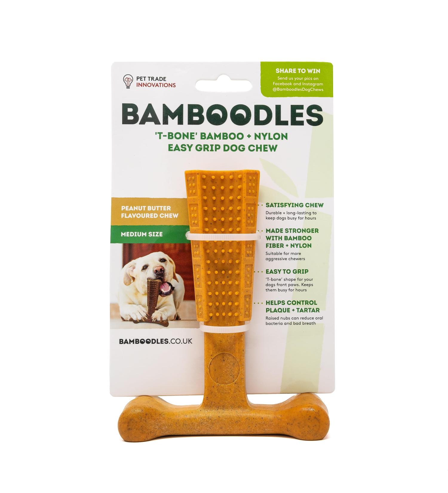 Bamboodles Peanut Butter T-Bone Dog Chew Toy - Medium | Durable & Natural Chew for Dogs - Buy Online on SooperMarket.com