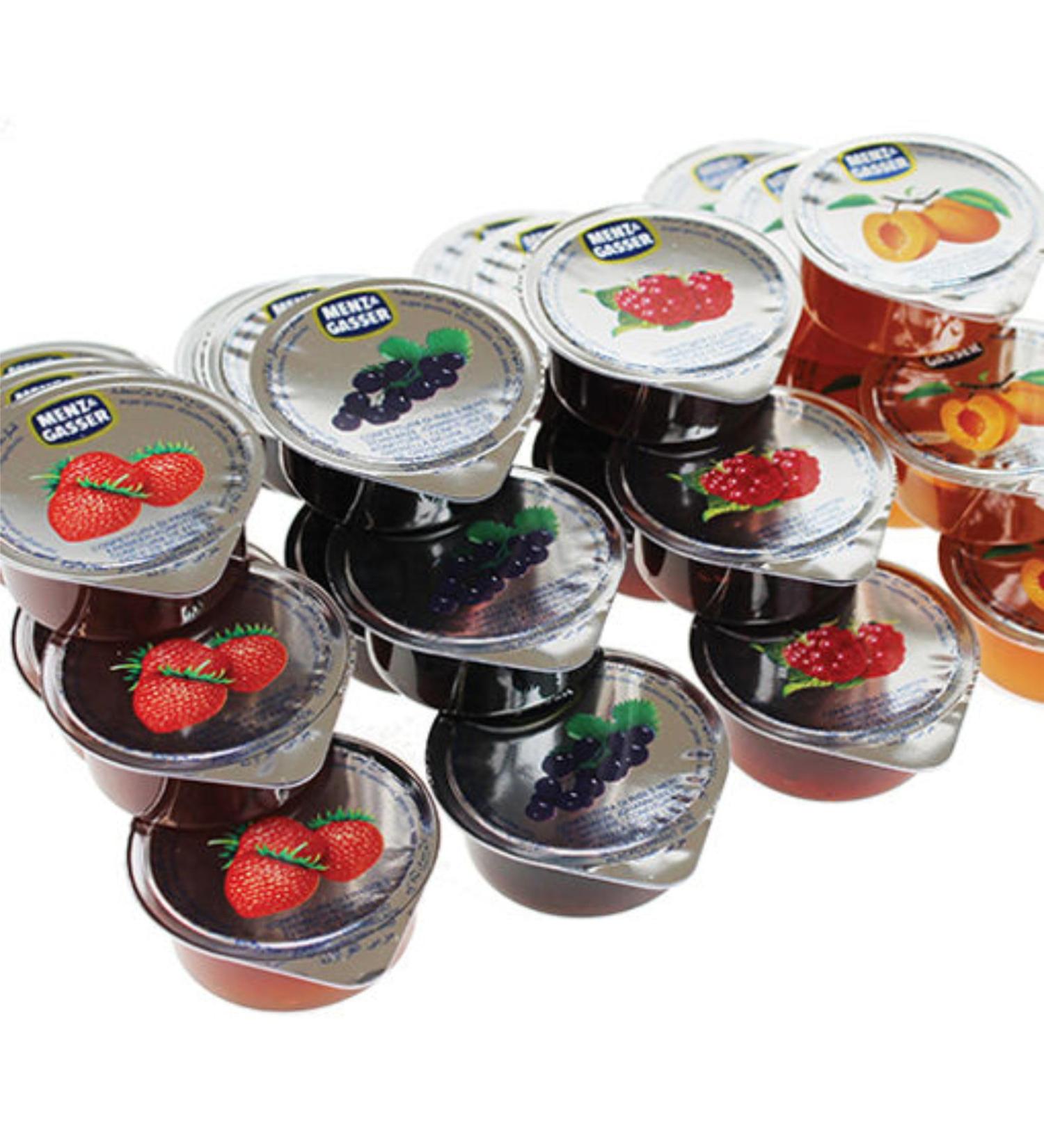Menz & Gasser Assorted Jam Portions (100x20g) Assorted Jam individual portions. Strawberry raspberry blackcurrant apricot.