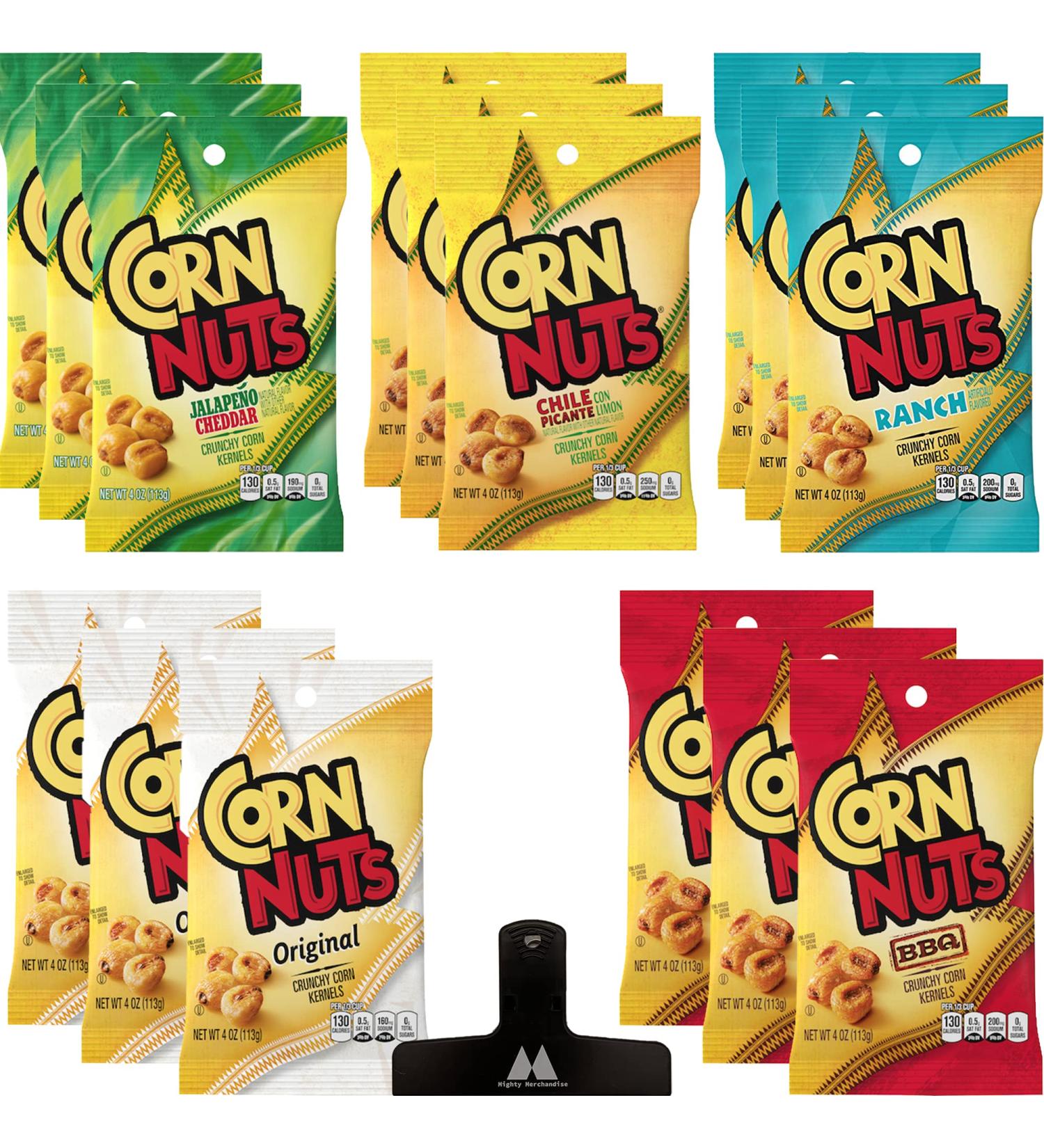 Corn Nuts Variety Pack - 15 Pack - 4oz Each - Jalapeno Cheddar, Chile Picante, Ranch, Original, BBQ Flavors - Bulk Box with Bag Clip | Mighty Merchandise - Buy Online on SooperMarket.com