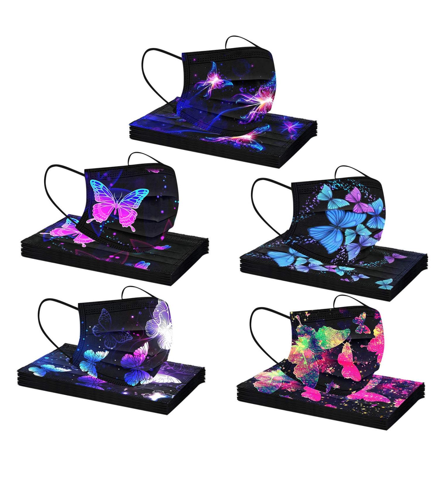 50Pc Disposable Black Face Masks with Colorful Butterfly Prints for Adults - 3-Ply Breathable Filter Protection in Multicolor - Buy Online on SooperMarket.com