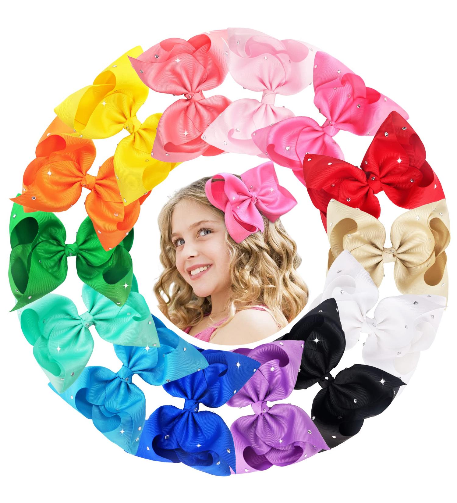 Sparkly Rhinestone 8-Inch Hair Bows Clips - 14 Piece Set for Girls, Toddlers, and Teens - Buy Online on SooperMarket.com