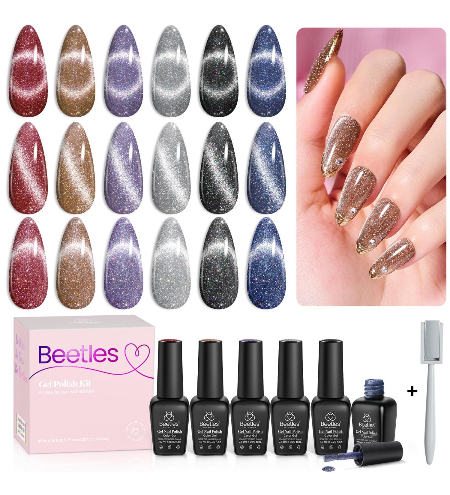 Beetles Gel Nail Polish Kit - 6 Colors Holographic Cat Eyes Red Navy Blue Purple Glitter Black Set with Magnet, LED Lamp - DIY Manicure Kits for Women - Buy Online on SooperMarket.com