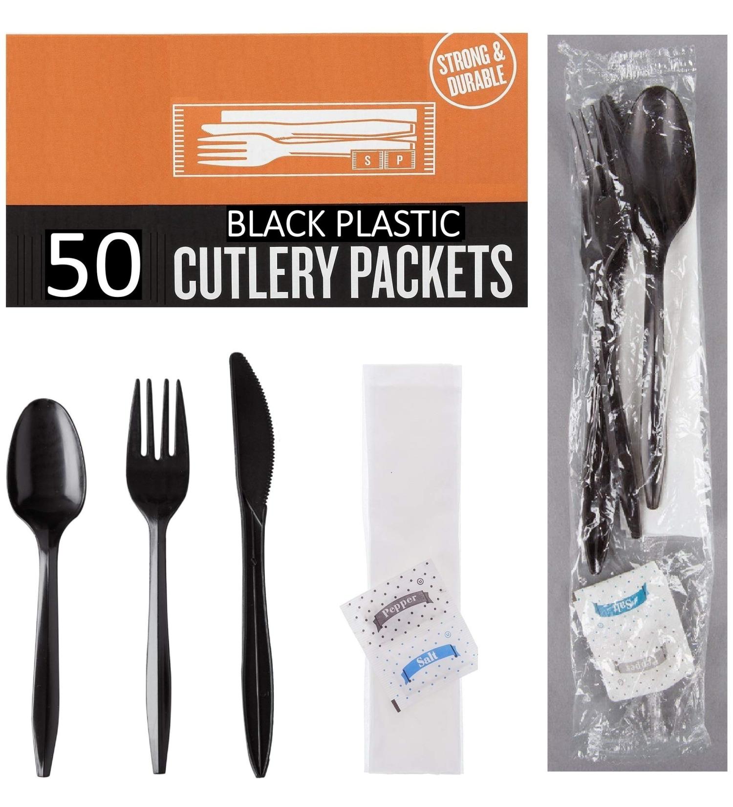 50 Plastic Cutlery Packets - Disposable Utensil Sets with Napkin, Salt & Pepper | Black Plastic Silverware Kits Individually Wrapped - Bulk Pack - Buy Online on SooperMarket.com