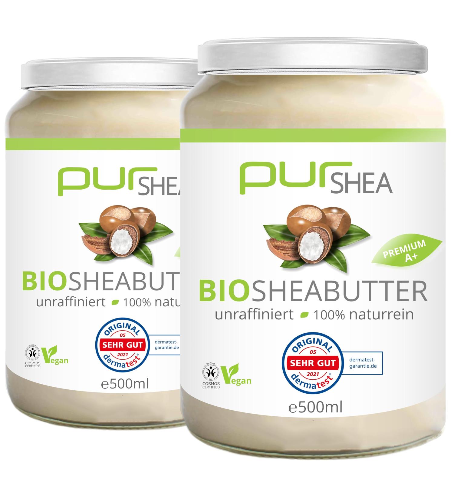 Premium Organic Purshea Bio Shea Butter (2x500ml) - Cold-Pressed Vegan Additive-Free & Plastic-Free in Glass Jar - Buy Online on SooperMarket.com