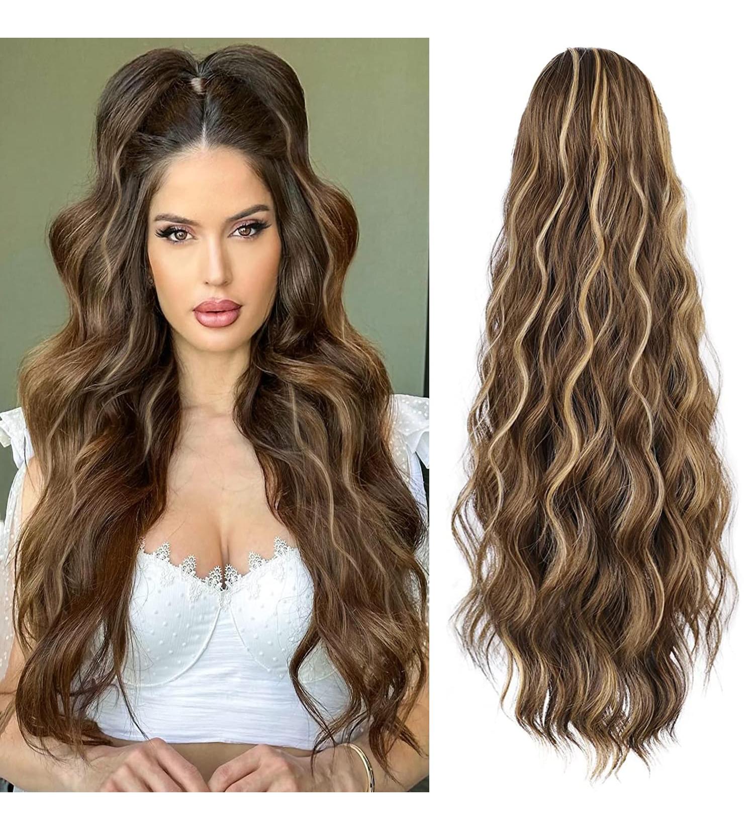 YEESHEDO Long Wavy Drawstring Ponytail Hair Extension | Clip-in Curly Synthetic Hairpiece 26 Chestnut Brown with Blonde | Women's Hair Accessories - Buy Online on SooperMarket.com