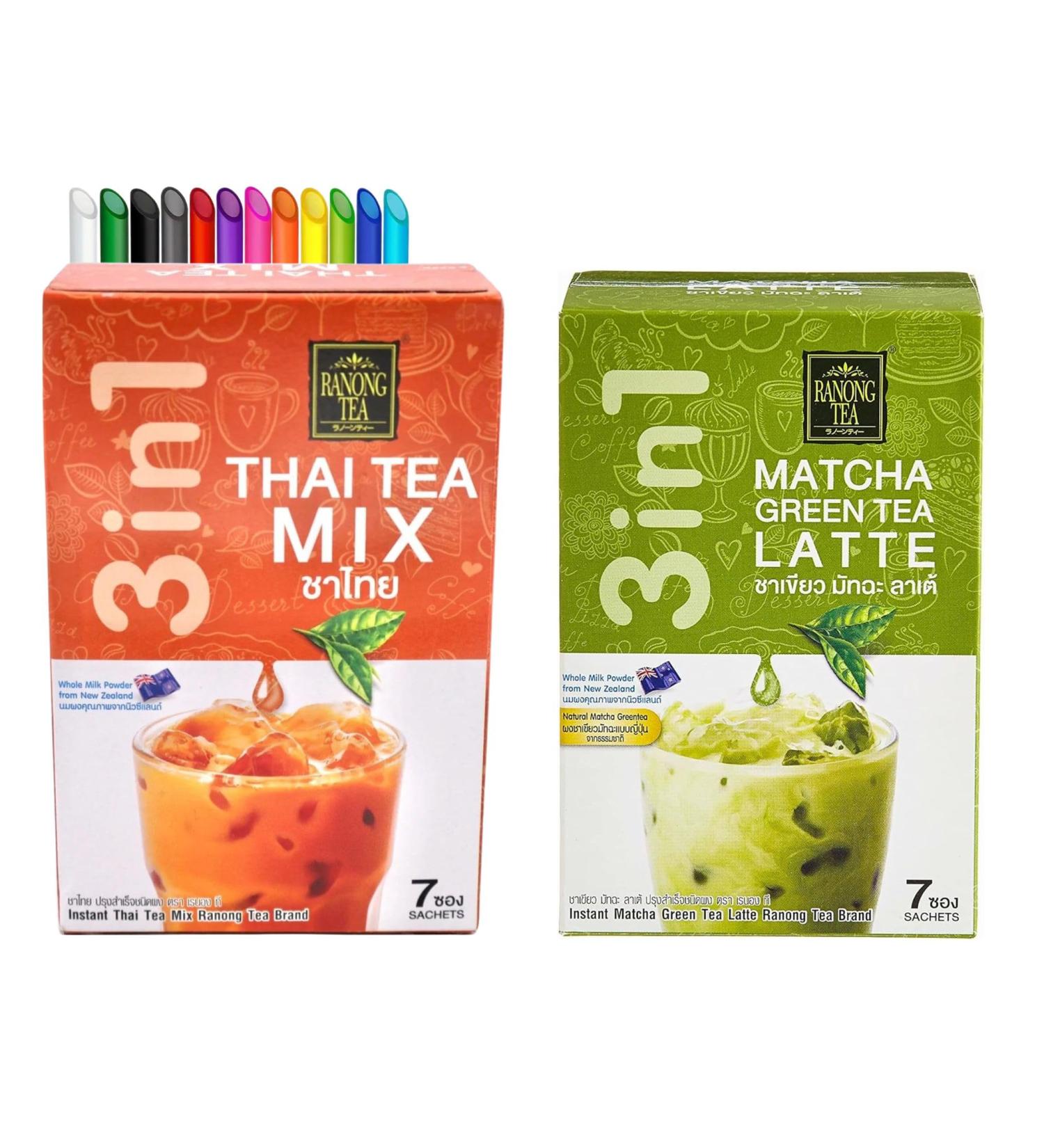 Thai Milk Tea Bundle - 14 Sachets with Ranong 3 in 1 Instant Thai Tea Mix and Ranong Matcha Green Tea Latte Instant Mix Including Mint Retail Boba Tea Straws - Buy Online on SooperMarket.com