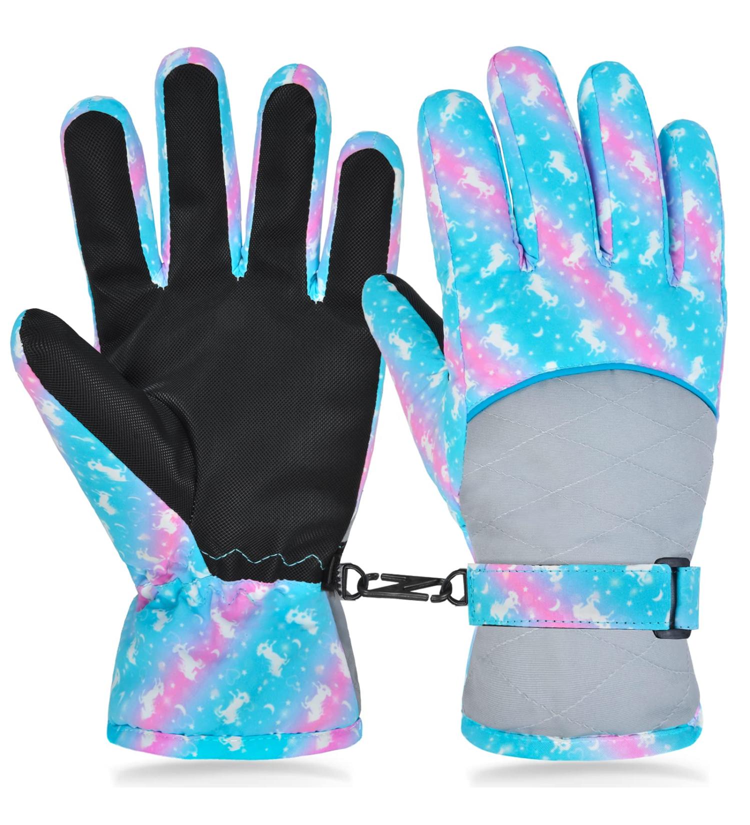 Ausletie Kids Waterproof Winter Snow Gloves - Blue Unicorn | Warm Snowboard Gloves for Girls | Outdoor Ski Gloves for Children - Buy Online on SooperMarket.com