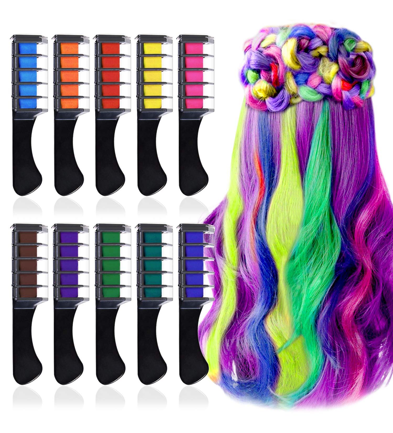 Kalolary Temporary Hair Chalk for Girl - 10 Washable Colors - Rainbow Hair Dye Comb for Birthday, Masquerade, Cosplay - DIY Decorate Gift - Buy Online on SooperMarket.com