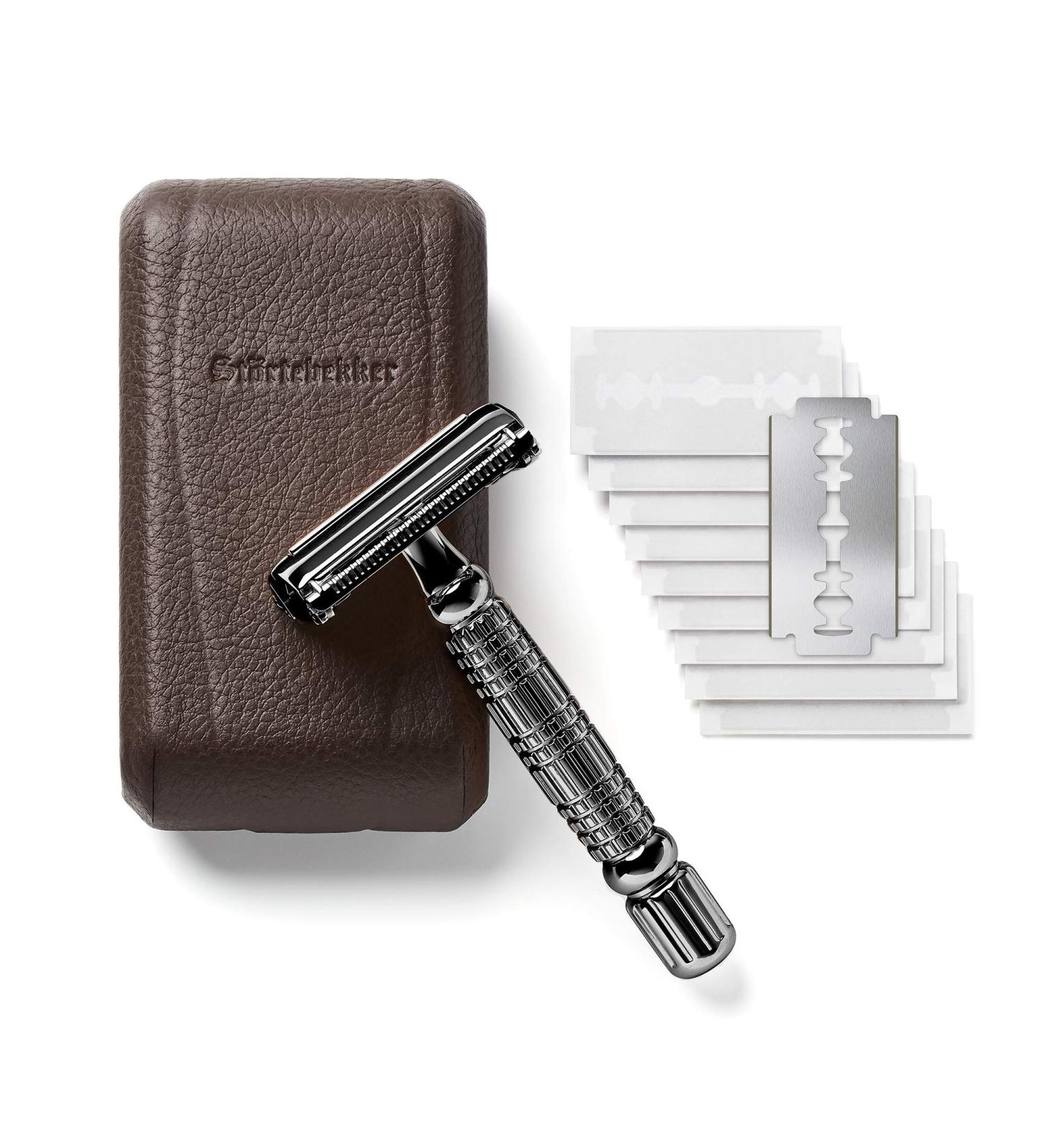 St rtebekker Premium Razor Hobel - Handmade Leather Etui | Vintage Wet Razor Set with 10 Blades & Mirror | Perfect Travel Shaving Gear - Buy Online on SooperMarket.com