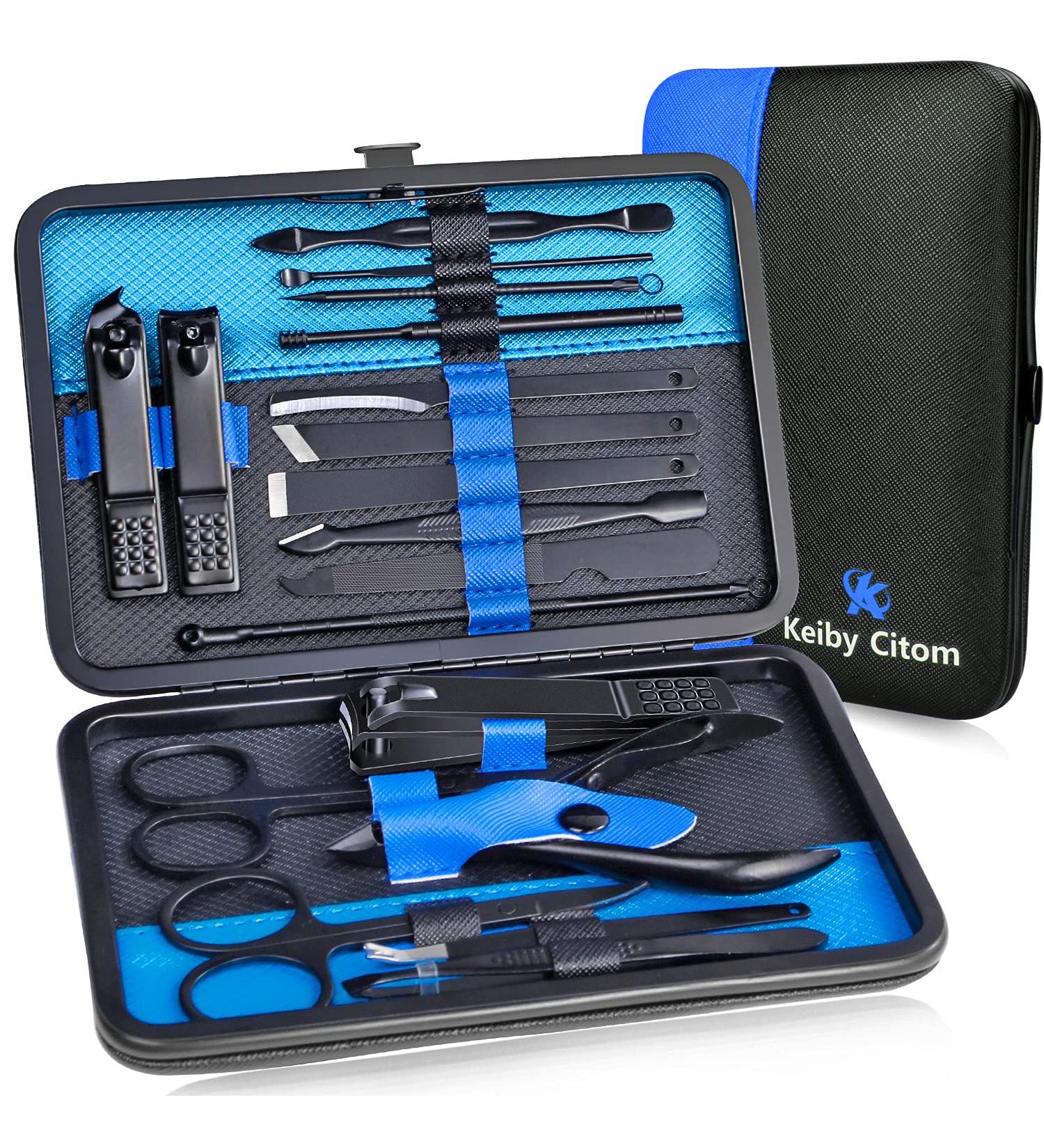 Manicure Set Nail Set Nail Clipper Kit Professional - Stainless Steel Pedicure Set Nail Grooming Kit of 18pcs with Case for Travel (Black/Blue) - Buy Online on SooperMarket.com
