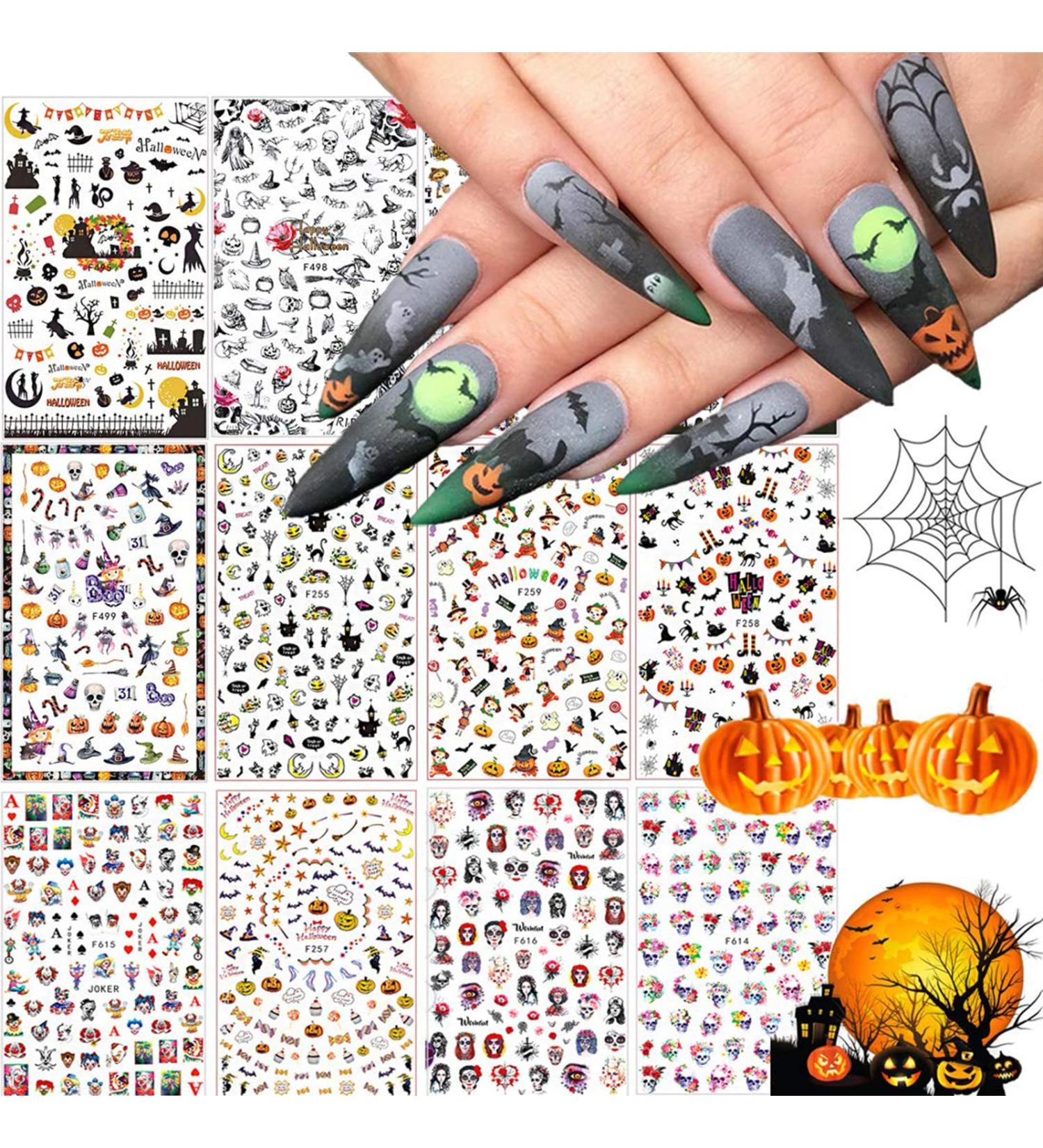 Kalolary 12 Sheets Halloween Nail Art Stickers Decals DIY Self-Adhesive Nail Sticker Decals Nail Art Tips Stencil Nail Decorations for Halloween Party Include Pumpkin/Bat/Ghost/Witch etc - Buy Online on SooperMarket.com