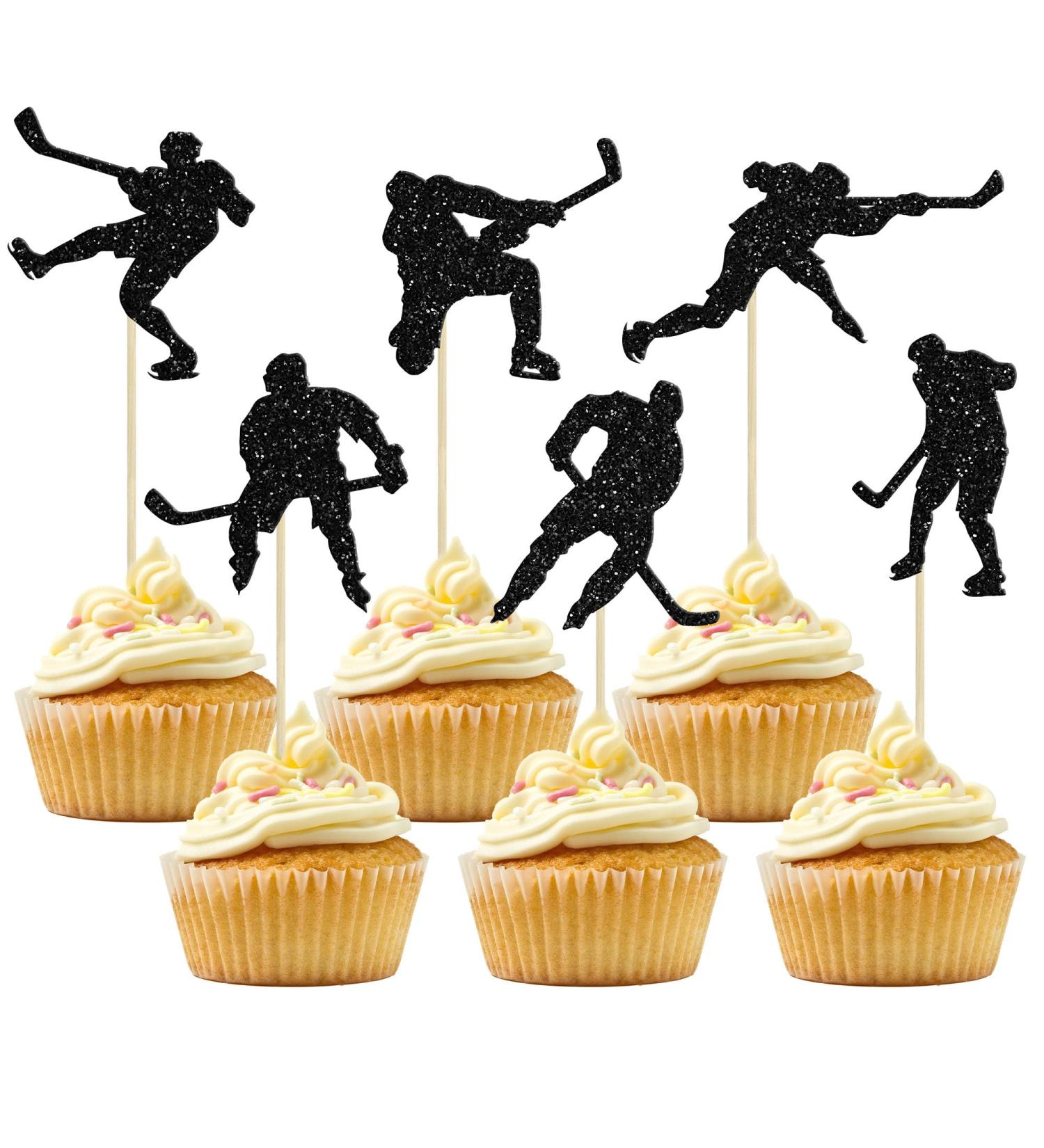 Gyufise 24Pcs Hockey Cupcake Toppers Black Glitter Hockey Players Cupcake Picks Ice Hockey Sports Theme Baby Shower Boys Girls Birthday Party Cake Decorations Supplies Black-1 - Buy Online on SooperMarket.com