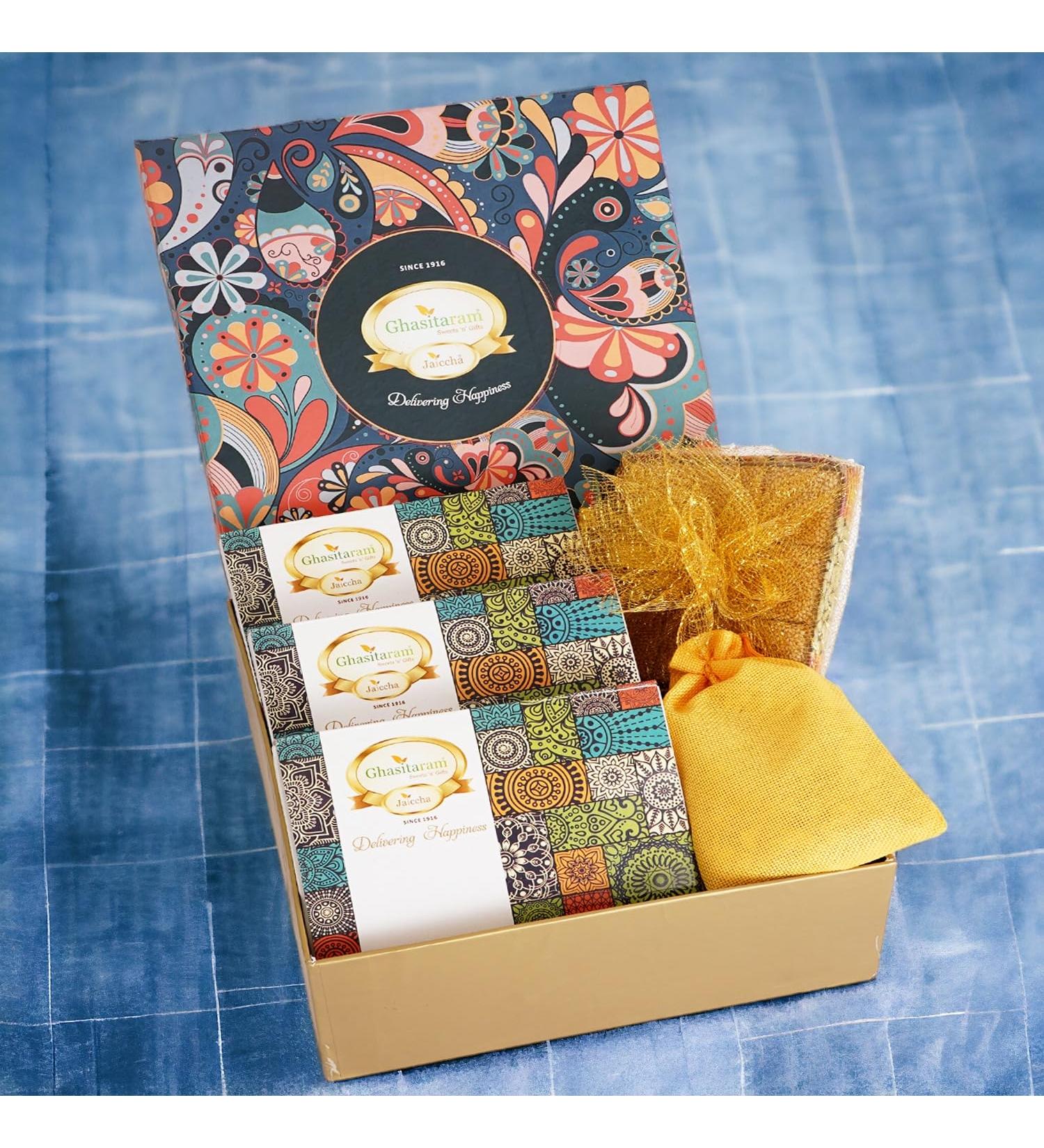 Ghasitaram Gifts Jaiccha Lohri Sweets Gachak hampers Lohri Hamper Big Box of Til Laddoo Khajoor Gachak Revadi and Til Chikki - Buy Online on SooperMarket.com