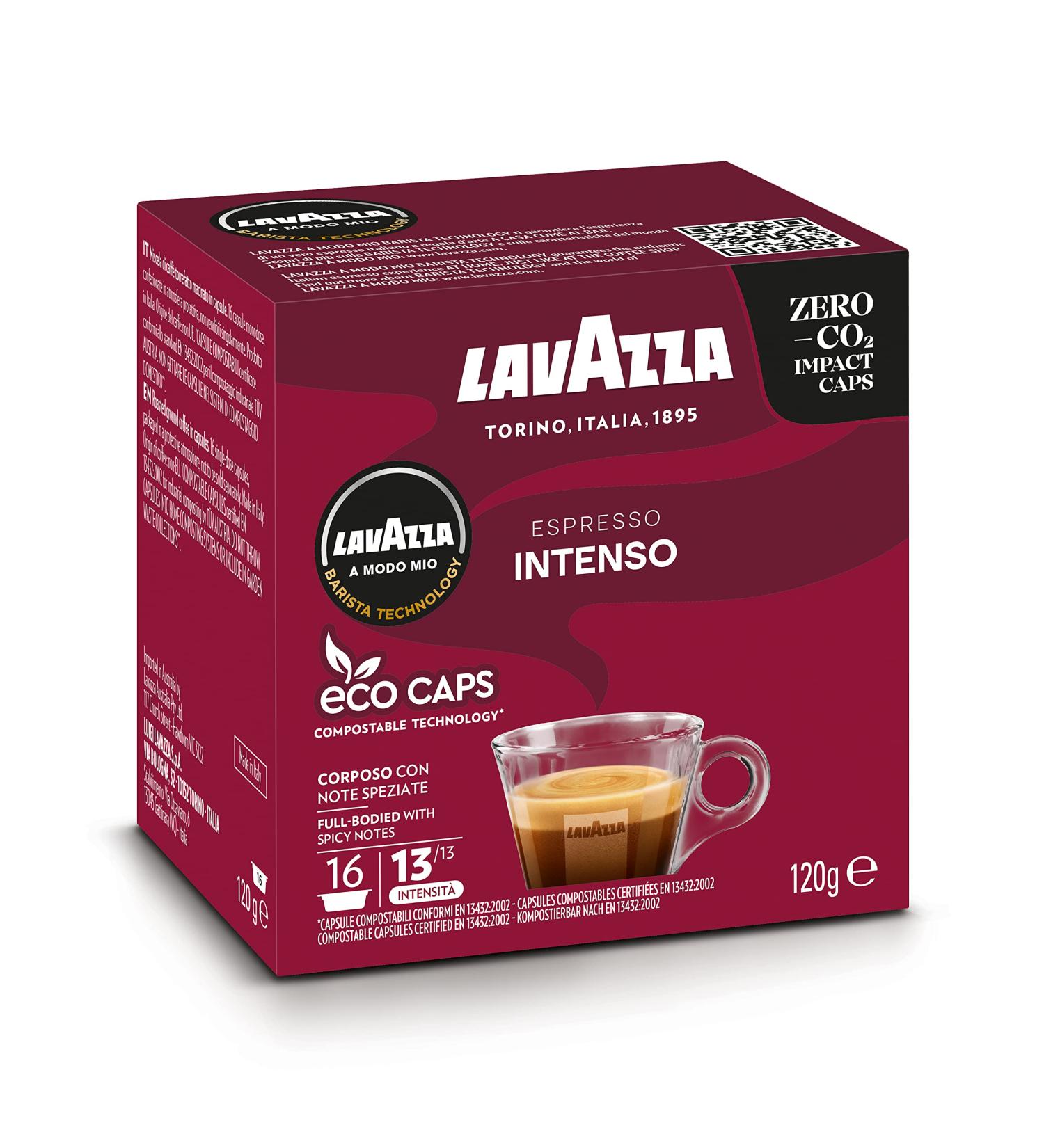 Lavazza A Modo Mio Espresso Intenso Coffee Capsules - 16 Count Pack | Intensity 13 Arabica and Robusta Blend | Spicy Notes | Medium-Dark Roasting | Compostable Pods - Buy Online on SooperMarket.com
