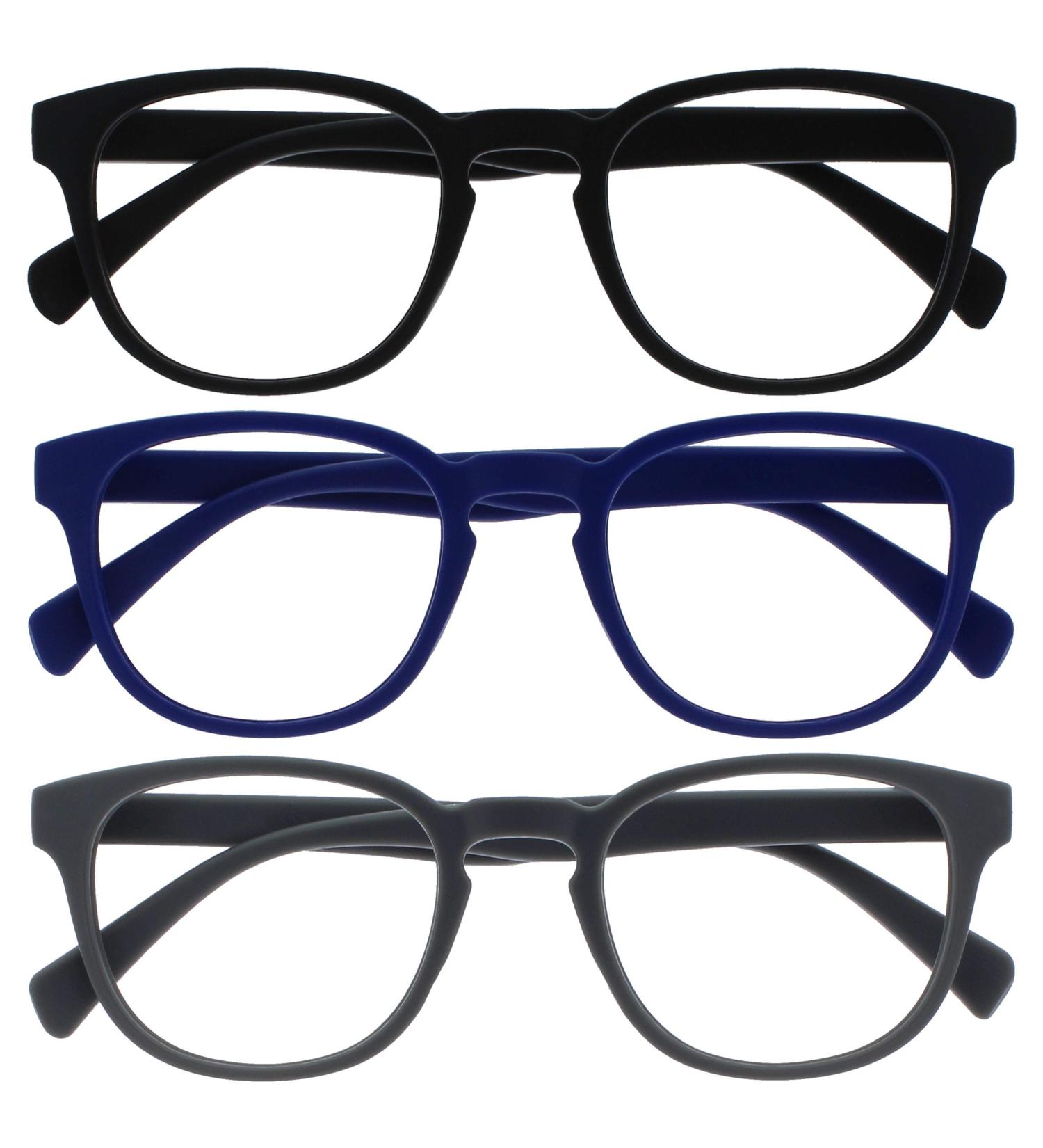 Opulize Pop Reading Glasses 3 Pack - Matte Round Frames Scratch-Resistant Spring Hinges - Stylish Black Blue & Gray for Men & Women (+2.00 Diopters) - Buy Online on SooperMarket.com