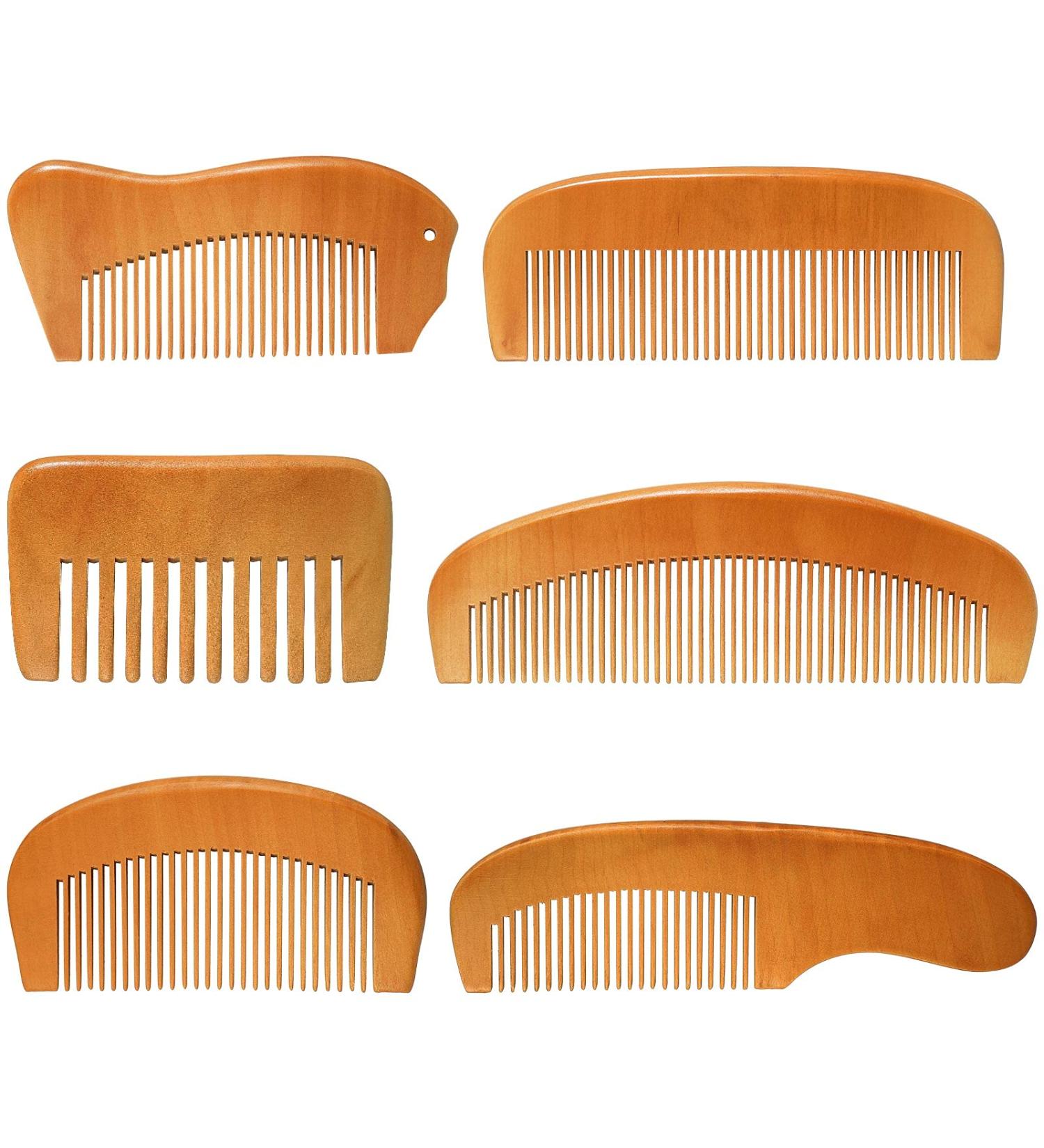 6-Piece Handmade Wooden Comb Set - Natural Green Sandalwood Wide/Fine Teeth, Anti-Static, No Snag - Ideal for Kids, Women, Men - Cute Style - Buy Online on SooperMarket.com