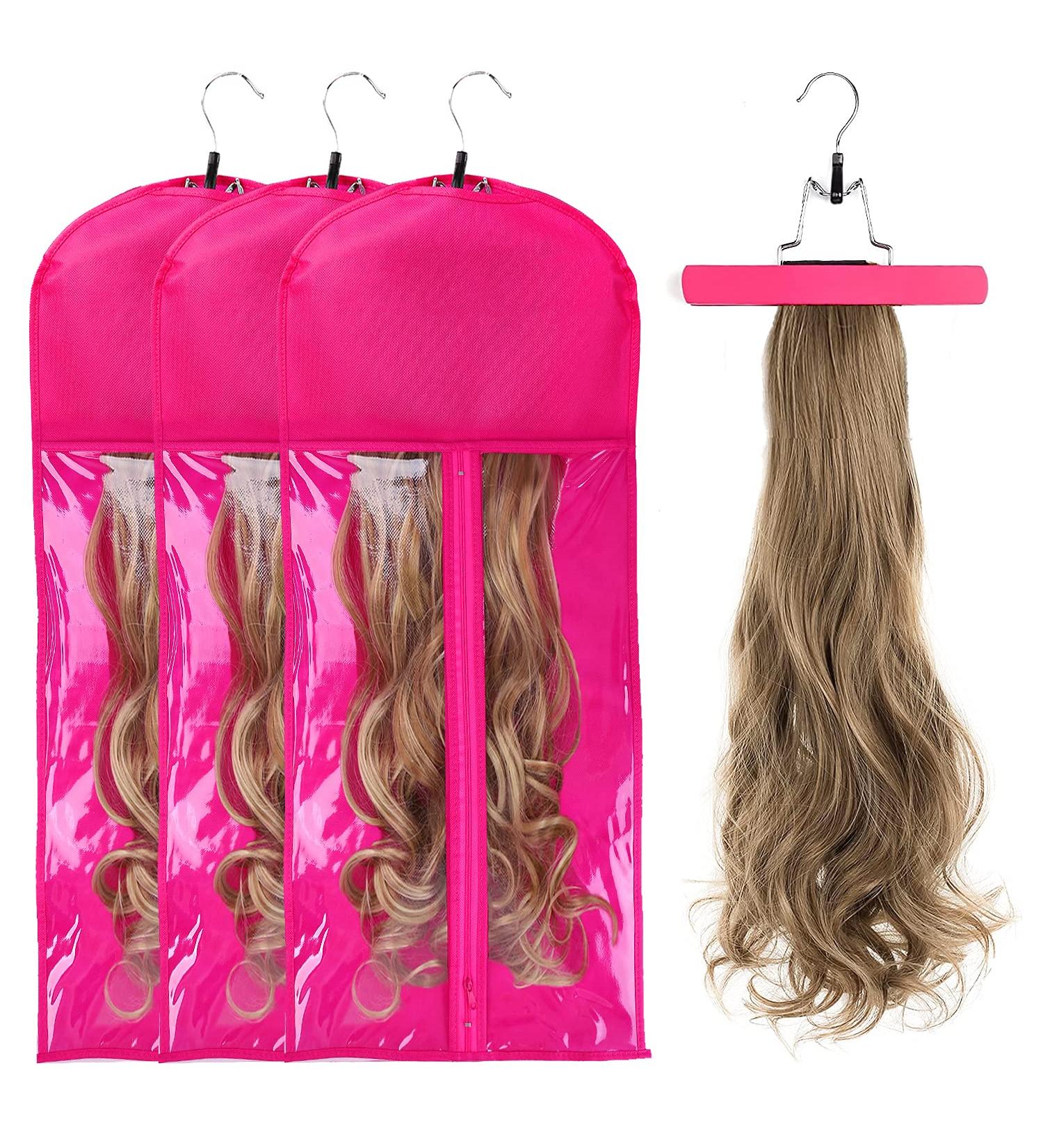 3PCS Extra Long Rose Wig Storage Bags with Wooden Hanger - Portable, Dust-proof, Transparent Zip Up Hair Extension Organizer - Buy Online on SooperMarket.com