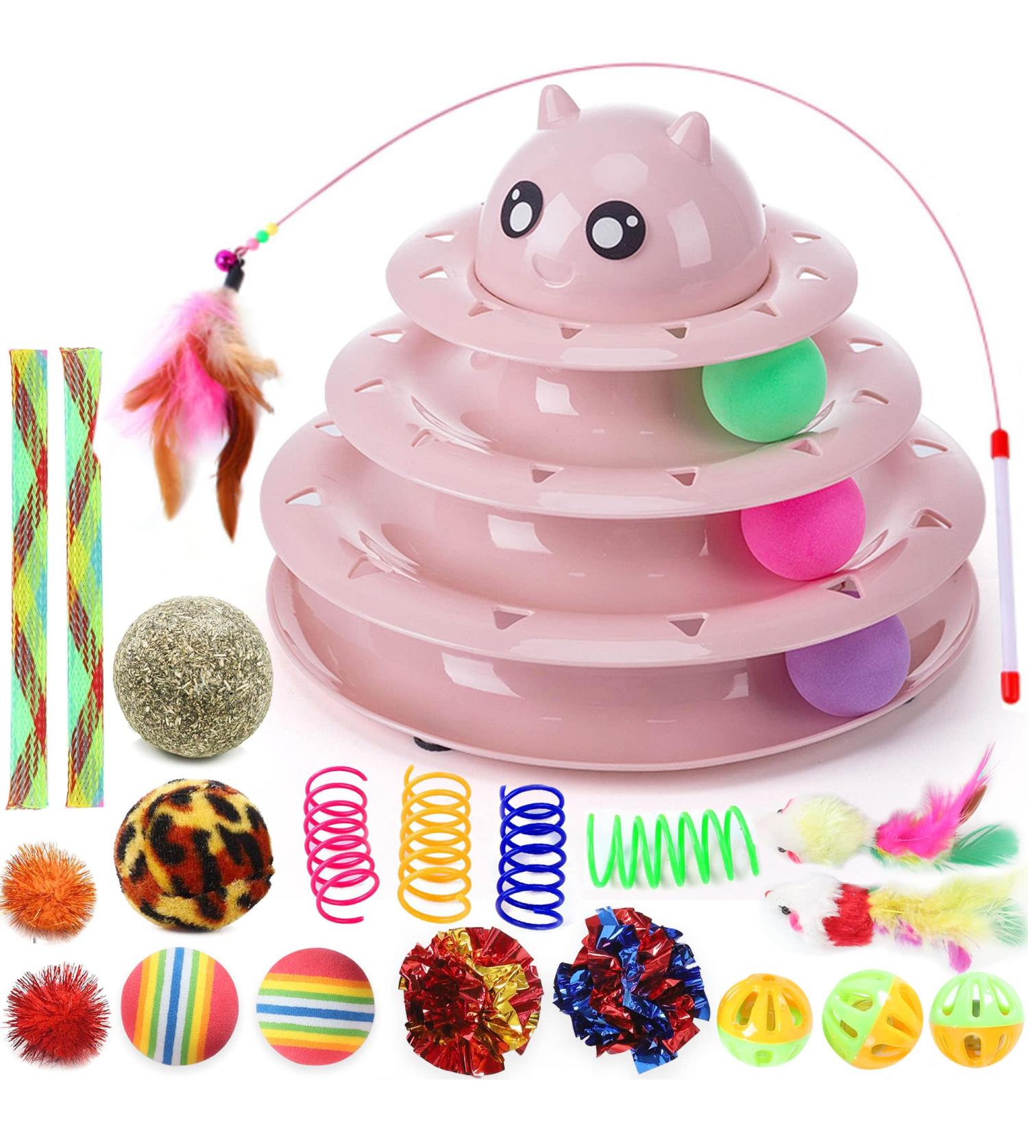 Suhaco 21 Pack Cat Toys for Indoor Cats Interactive Kitten Toy Fun Roller 3 Level Cat Ball Toys with Catnip Ball Self Play Cat Feather Wand Kitty Toy for Boredom (Pink) 21 Pack Pink - Buy Online on SooperMarket.com