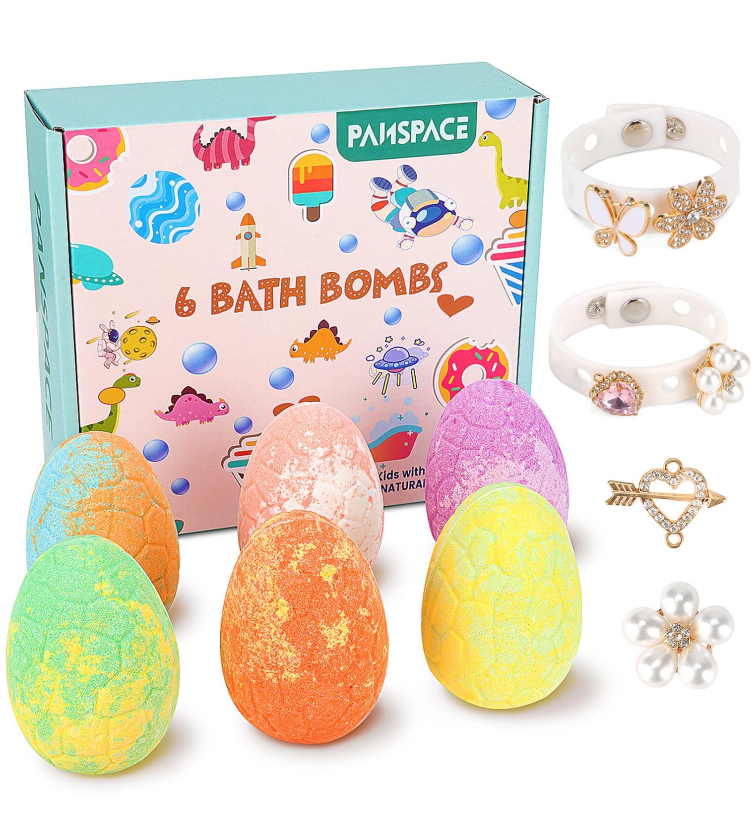 Bath Bombs for Kids Panspace 6 Pack Dino Egg Kids Bath Bombs with Surprise Inside Bath Bomb Gift Set with 2 Silicone Bracelets and 6 DIY Jewels Shoe Charms for Birthday Christmas - Buy Online on SooperMarket.com