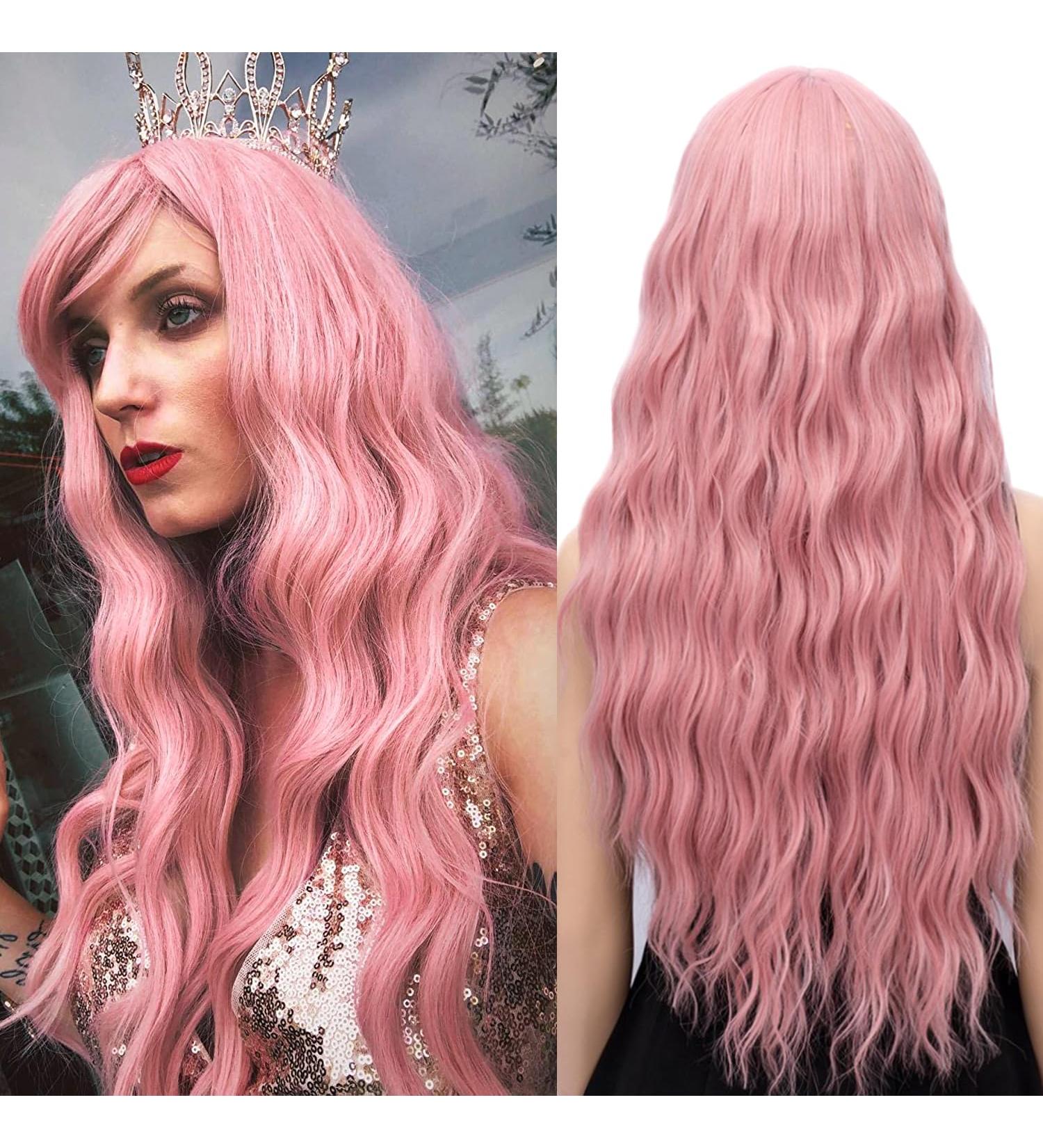 YEESHEDO 28 Inch Long Pink Synthetic Wavy Wig with Fringe for Women - Ideal for Party, Cosplay, or Daily Wear - Buy Online on SooperMarket.com