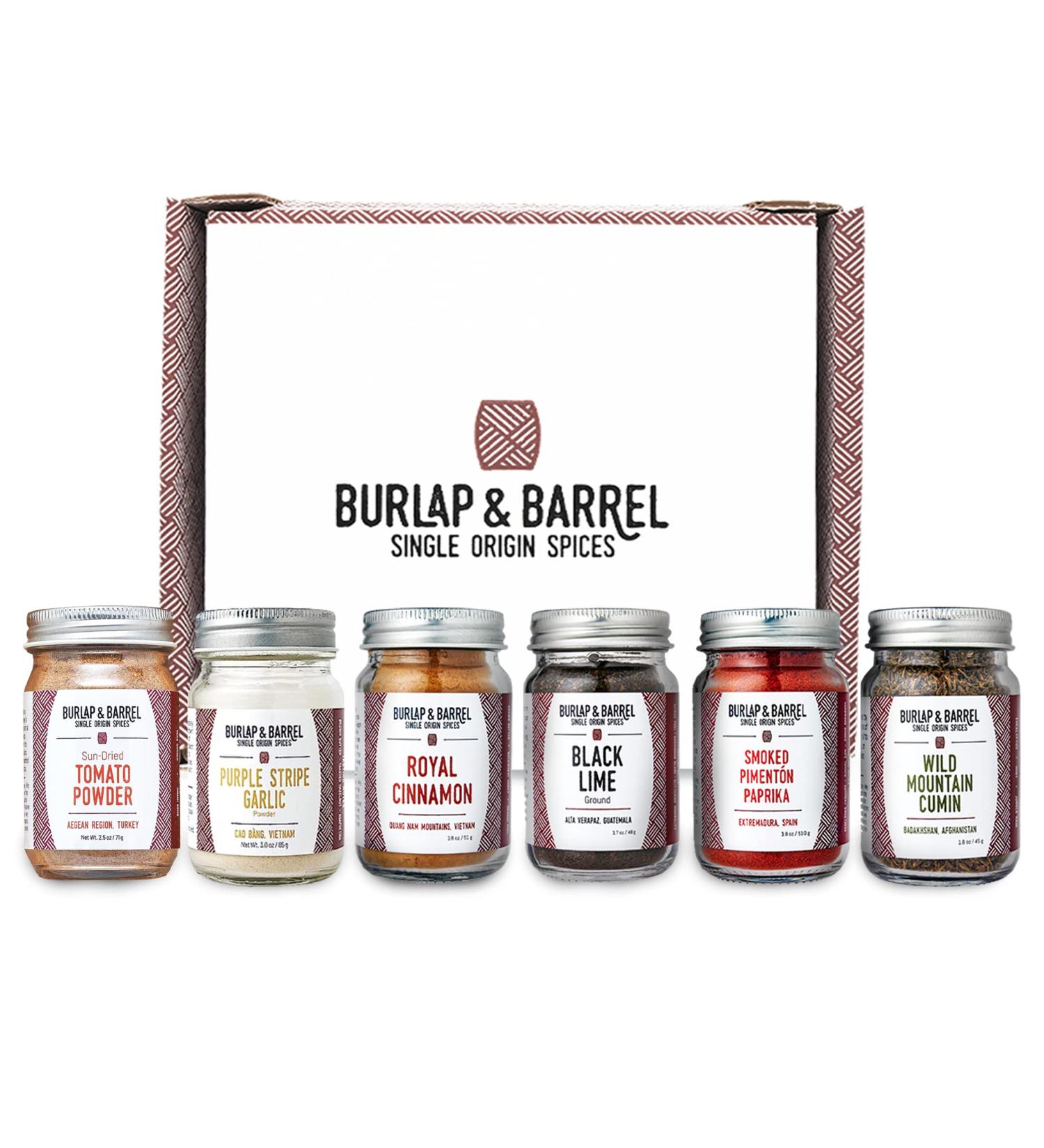 Burlap & Barrel 6pc Spice Gift Set - Single Origin Spices - Purple Stripe Garlic, Black Lime, Royal Cinnamon, Smoked Pimenton Paprika - As Seen on Shark Tank! - Buy Online on SooperMarket.com