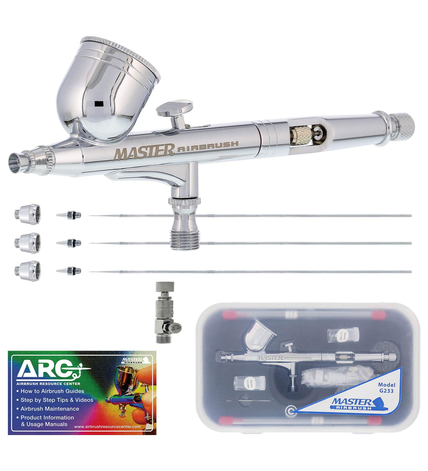 Master Airbrush G233 Pro Set - 3 Nozzle Sets (0.2, 0.3 & 0.5mm) - Dual-Action Gravity Feed Airbrush - Cutaway Handle - 1/3 oz Cup - How-to-Guide - Buy Online on SooperMarket.com