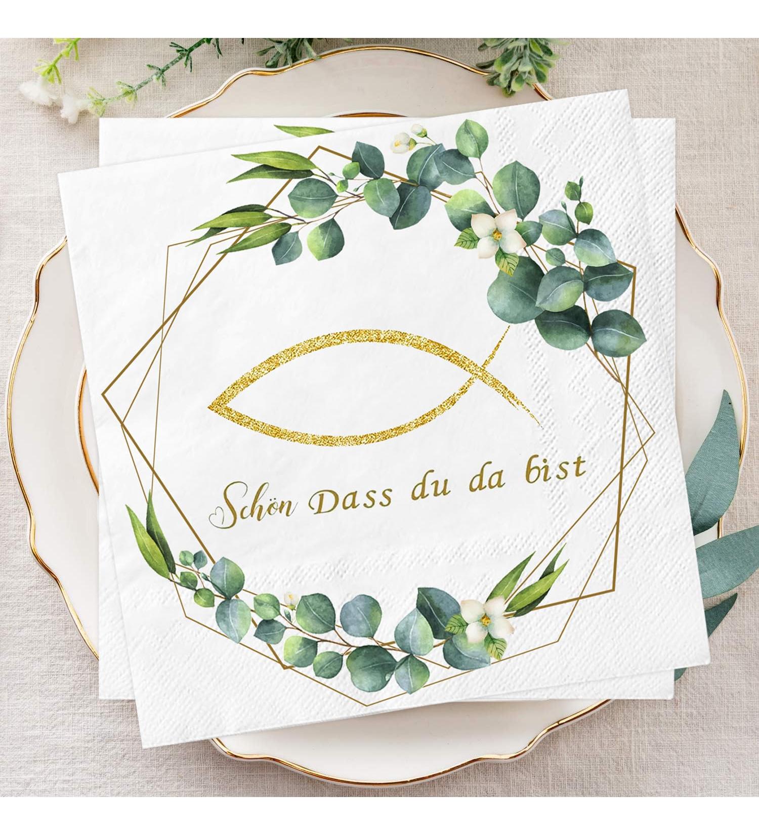 20 Vintage Disposable Fish Eucalyptus Green Napkins for Baby Party & Communion | Ideal Table Decoration | 3-Ply Quality - Buy Online on SooperMarket.com