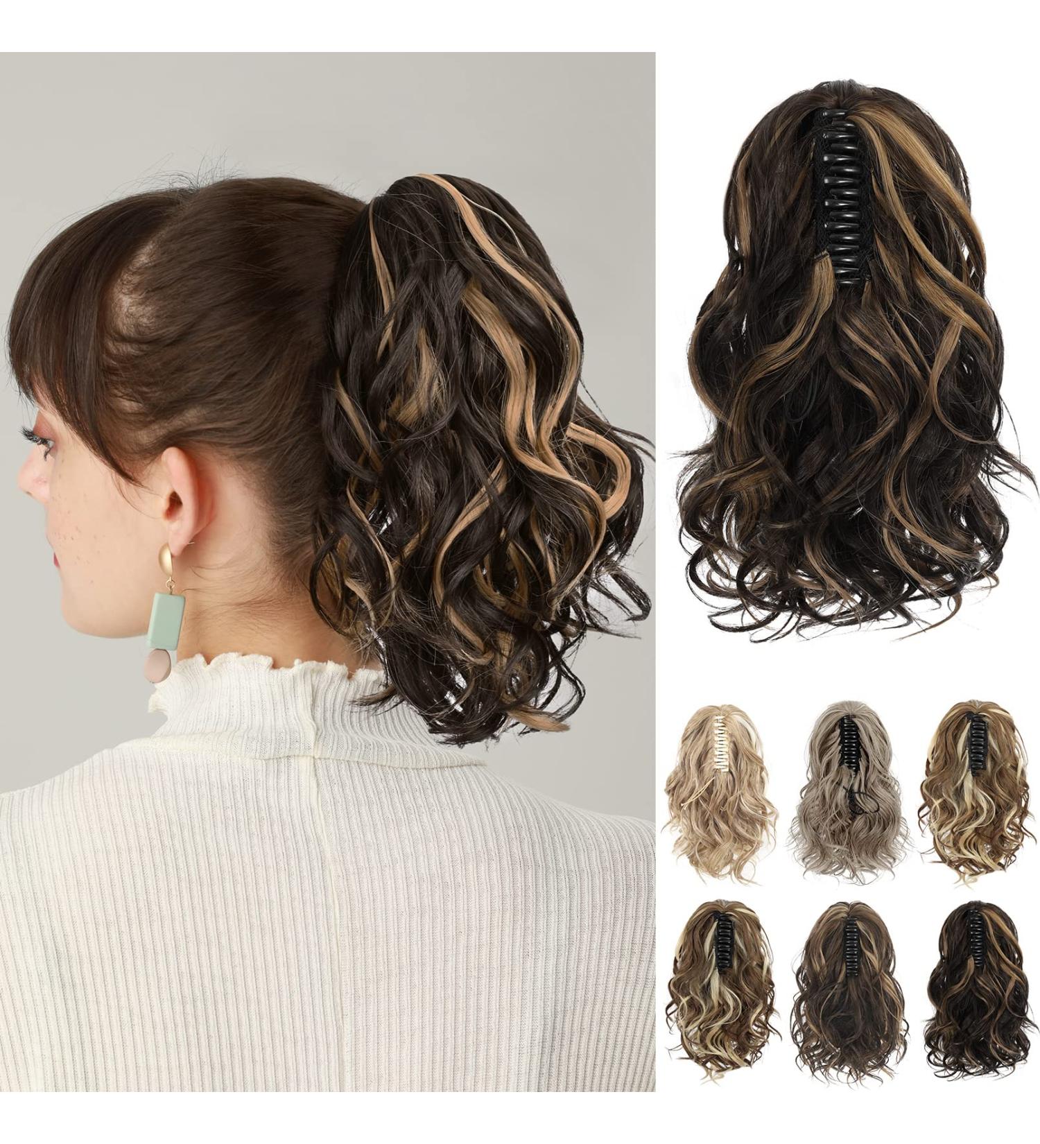 REECHO Claw Clip Ponytail Extension 10 Short Curly Synthetic Hairpiece Dark Brown with Highlights - Buy Online on SooperMarket.com