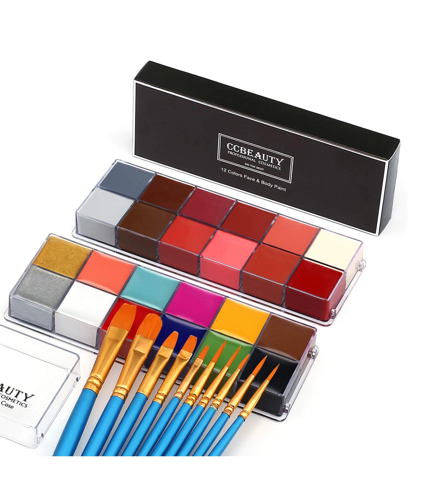 CCBeauty Professional Face Body Paint Oil Set | 24 Colors Adult Halloween Makeup Kit with 10 Blue Brushes - Buy Online on SooperMarket.com
