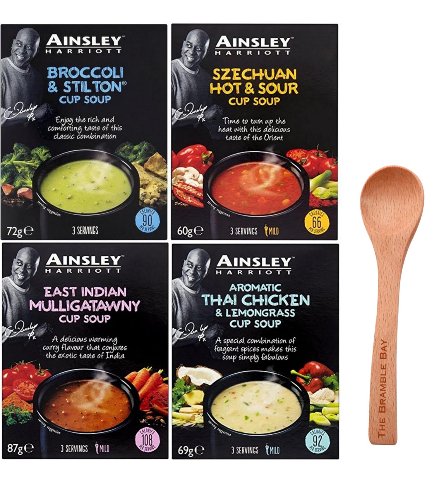 Ainsley Harriott Cup Soup bundle contains Broccoli & Stilton Szechuan Hot & Sour East Indian Mulligatawny Thai Chicken & Lemongrass Total of 12 Sachets Wooden Spoon - Buy Online on SooperMarket.com