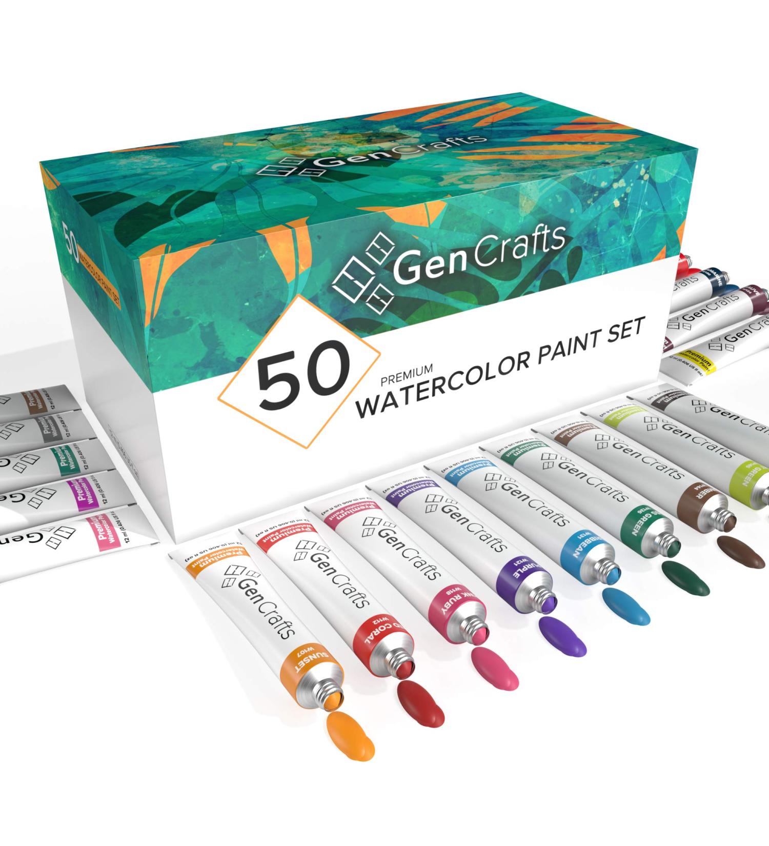 GenCrafts Watercolor Paint Set - 50 Premium Vibrant Colors - Non-Toxic Pigment Paints - 12 ml (0.406 oz) - Ideal for Paper, Canvas, and Crafts - Buy Online on SooperMarket.com