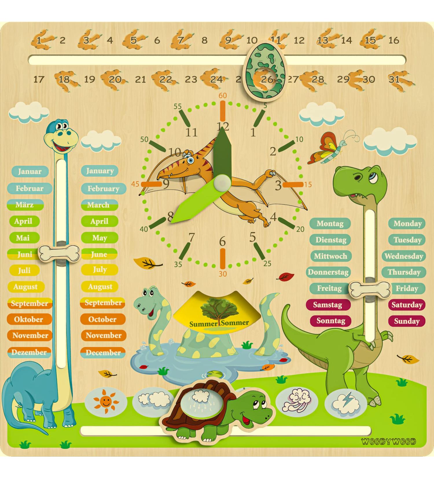Woodywood Calendar Watch for Children - Bilingual Montessori Learning Clock in Wood 30x30 cm - Teach Time Date Weeks Months Seasons & Weather in German & English - Buy Online on SooperMarket.com