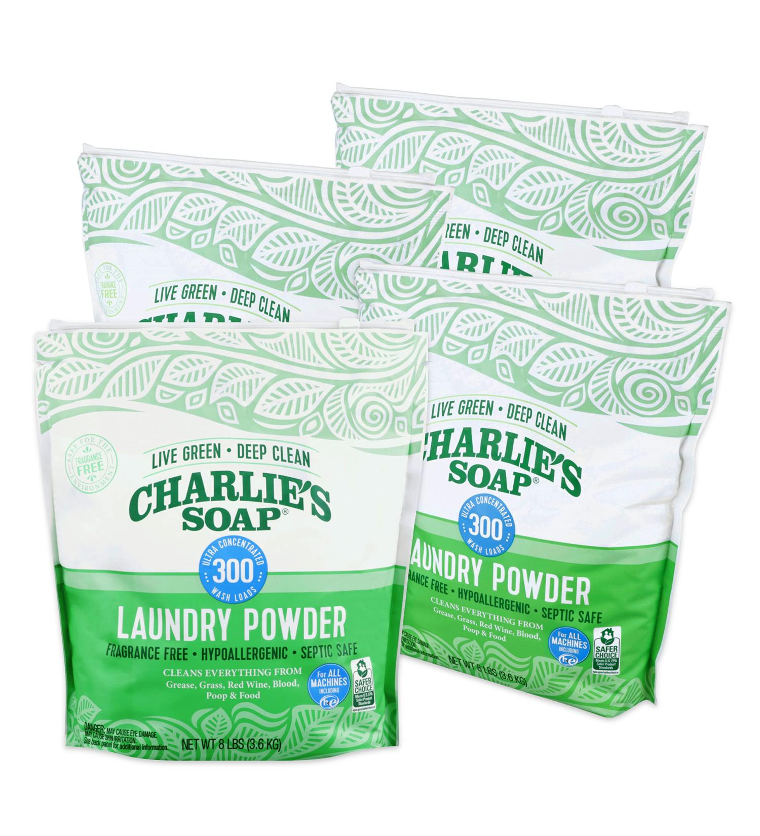 Charlie's Soap Laundry Powder (4 Pack) - Fragrance Free, Hypoallergenic, Eco-Friendly Detergent - 300 Loads, 8 Pound - Buy Online on SooperMarket.com
