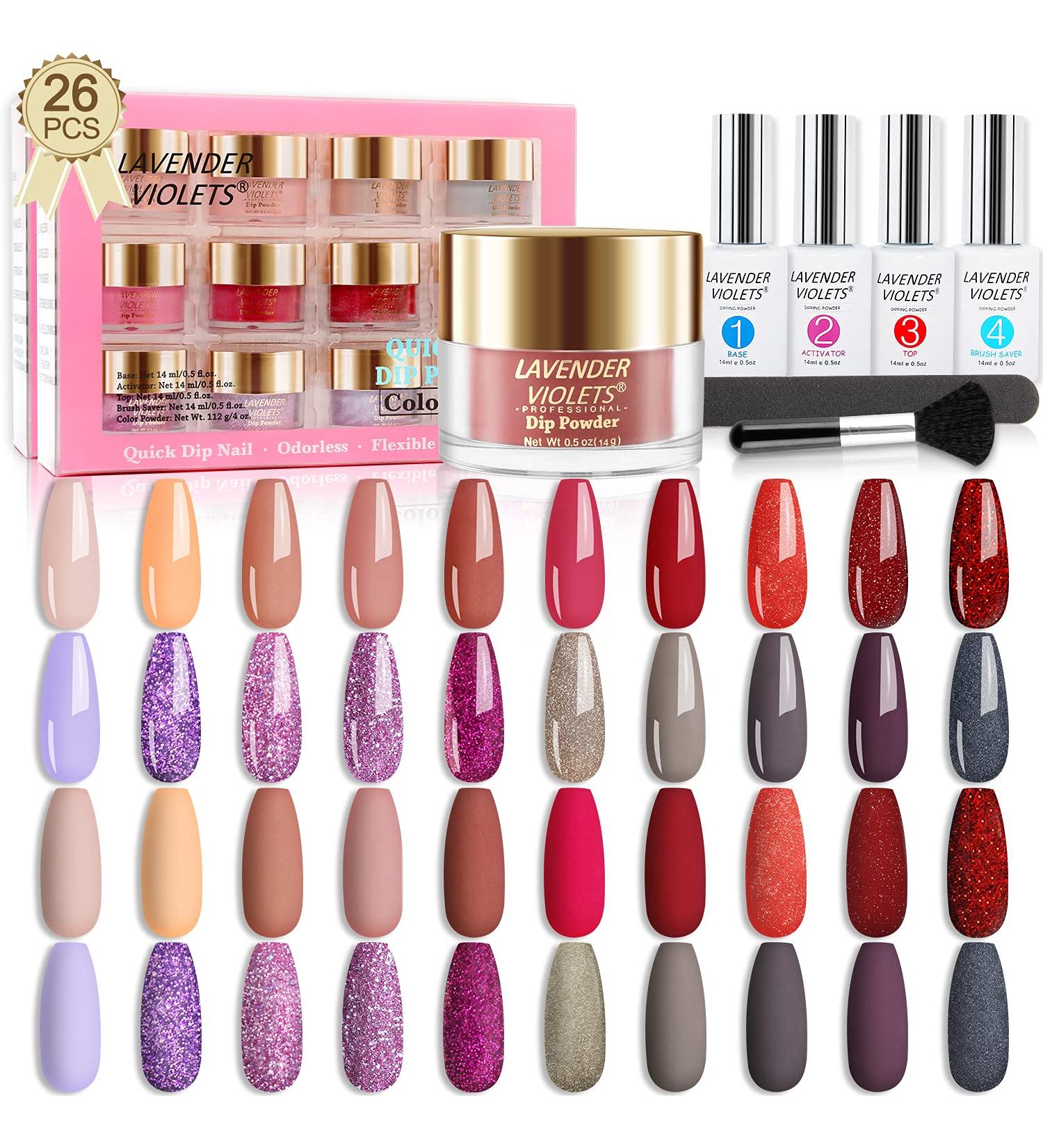 Lavender Violets 26PCS Dip Powder Nail Kit Starter - Red Solid Glitter Colors - Base Top Activator Brush Saver - Nail File Included - Buy Online on SooperMarket.com