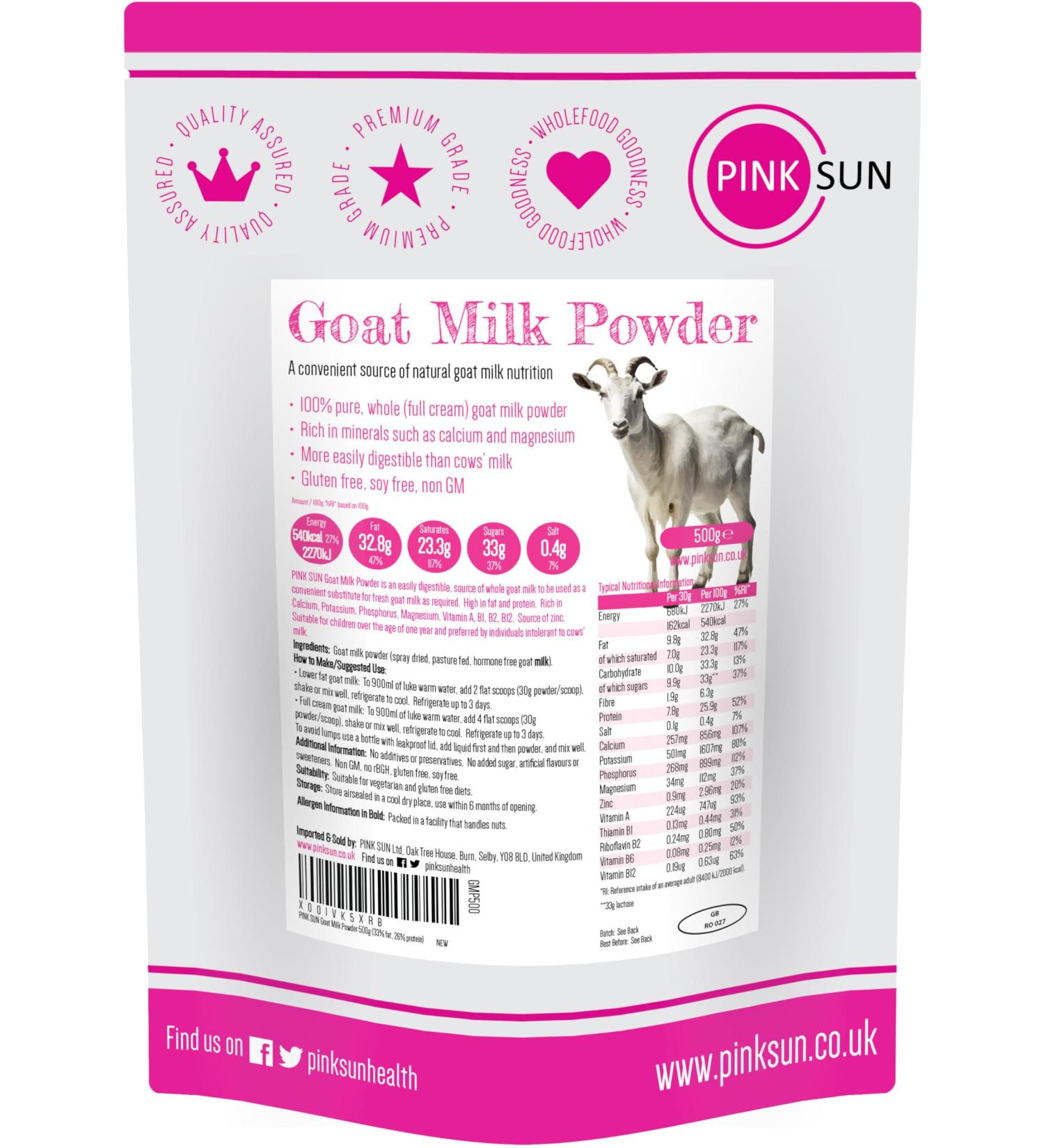 PINK SUN Whole Goat Milk Powder 500g - Gluten Free Full Cream Powdered Milk for Convenient Use - Buy Online on SooperMarket.com