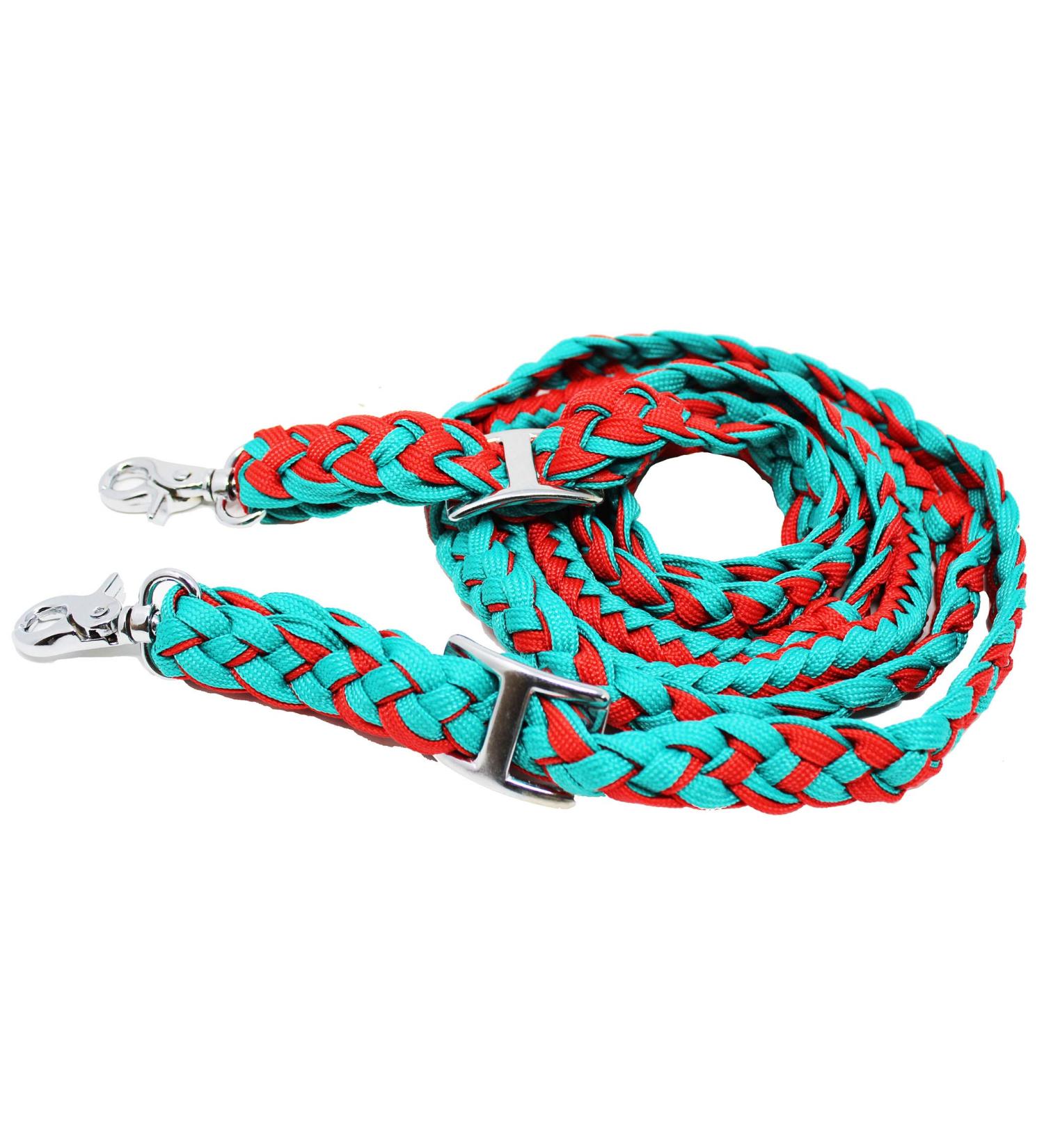 CHALLENGER Horse Western Nylon Braided Barrel Knotted Reins Teal Red 60792