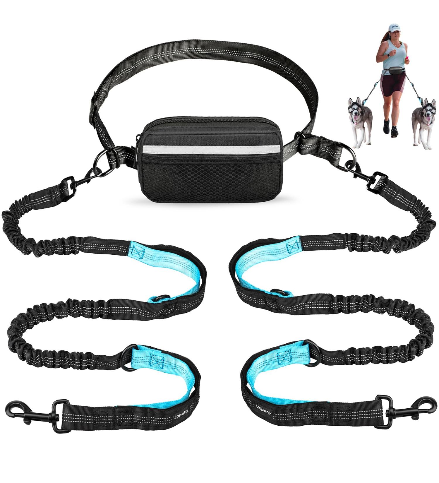Uppetly Hands Free Dog Running Leash with Adjustable Waist Belt Dual Handle Elastic Bungees Retractable Rope for Medium and Large Dogs Reflective Stitches for Walking Hiking Biking With Pouch for 2 dogs - Buy Online on SooperMarket.com