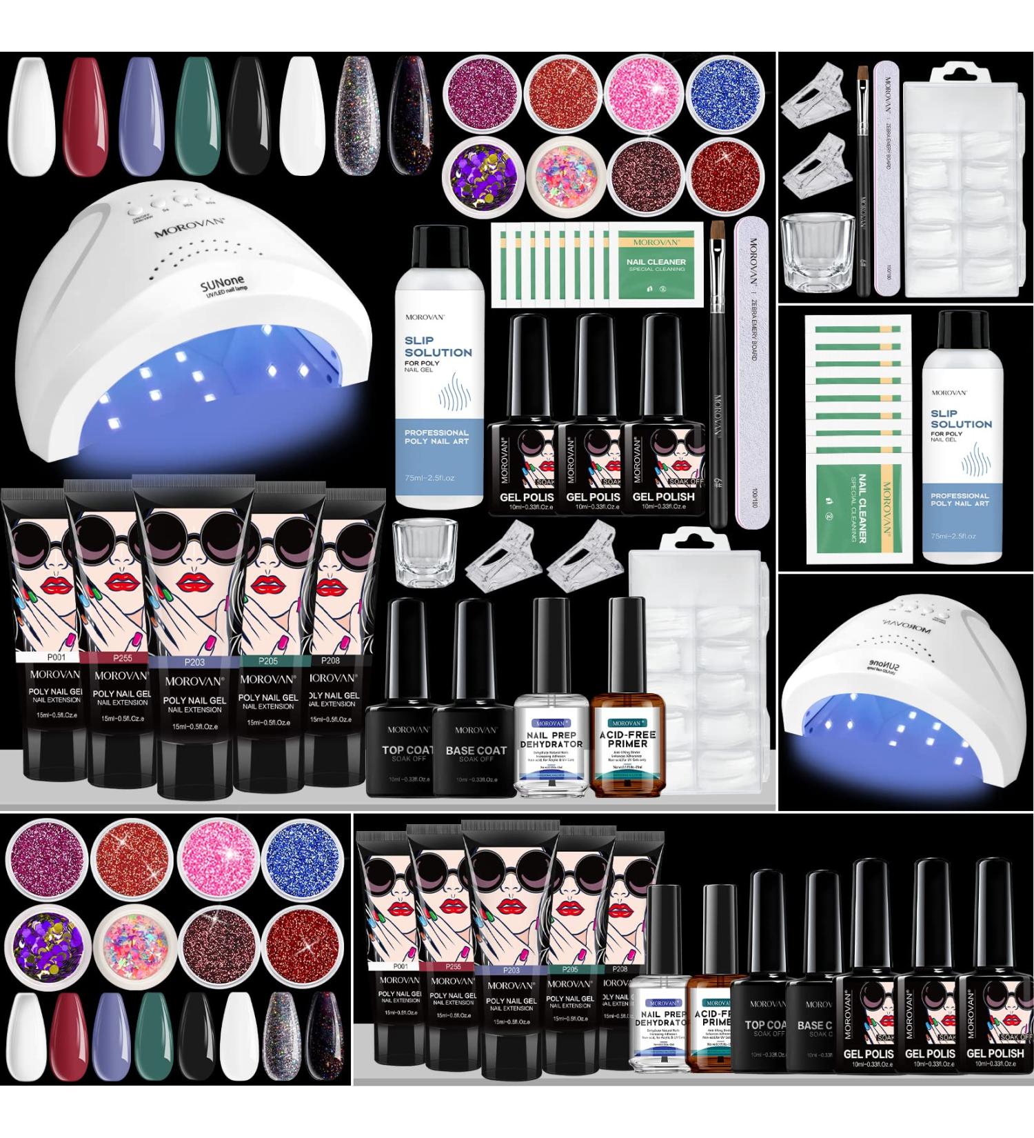 Morovan Poly Gel Nail Kit with 48W LED Lamp and Glitter Prep - Extension Gel, Primer, & Nail Art Supplies - Buy Online on SooperMarket.com