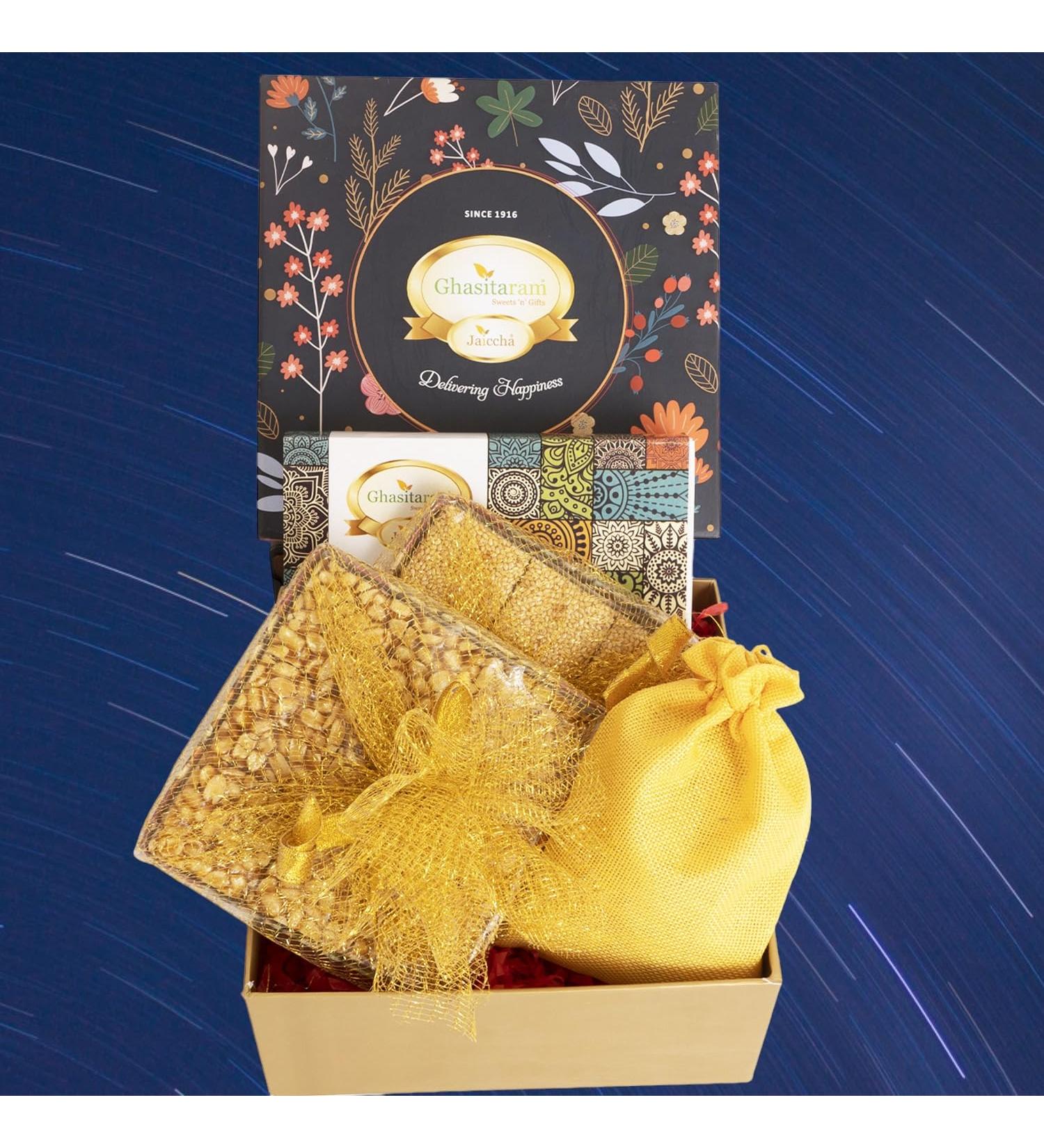 Ghasitaram Gifts Jaiccha Lohri Sweets Gachak hampers Lohri Hamper Box Small of Til Laddoo Peanut and til chikki and Revadi - Buy Online on SooperMarket.com