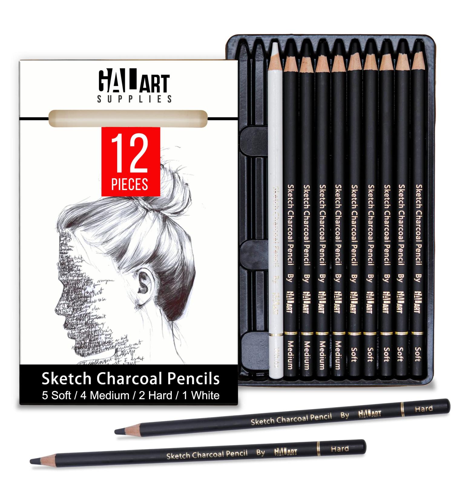 Galart Supplies Charcoal Drawing Set - 12 Piece Pre-Sharpened Pencils for Artists and Beginners | Soft, Medium, Hard, and White Charcoal Pencils for Drawing, Shading, and Sketching with Organizer Tray - Buy Online on SooperMarket.com