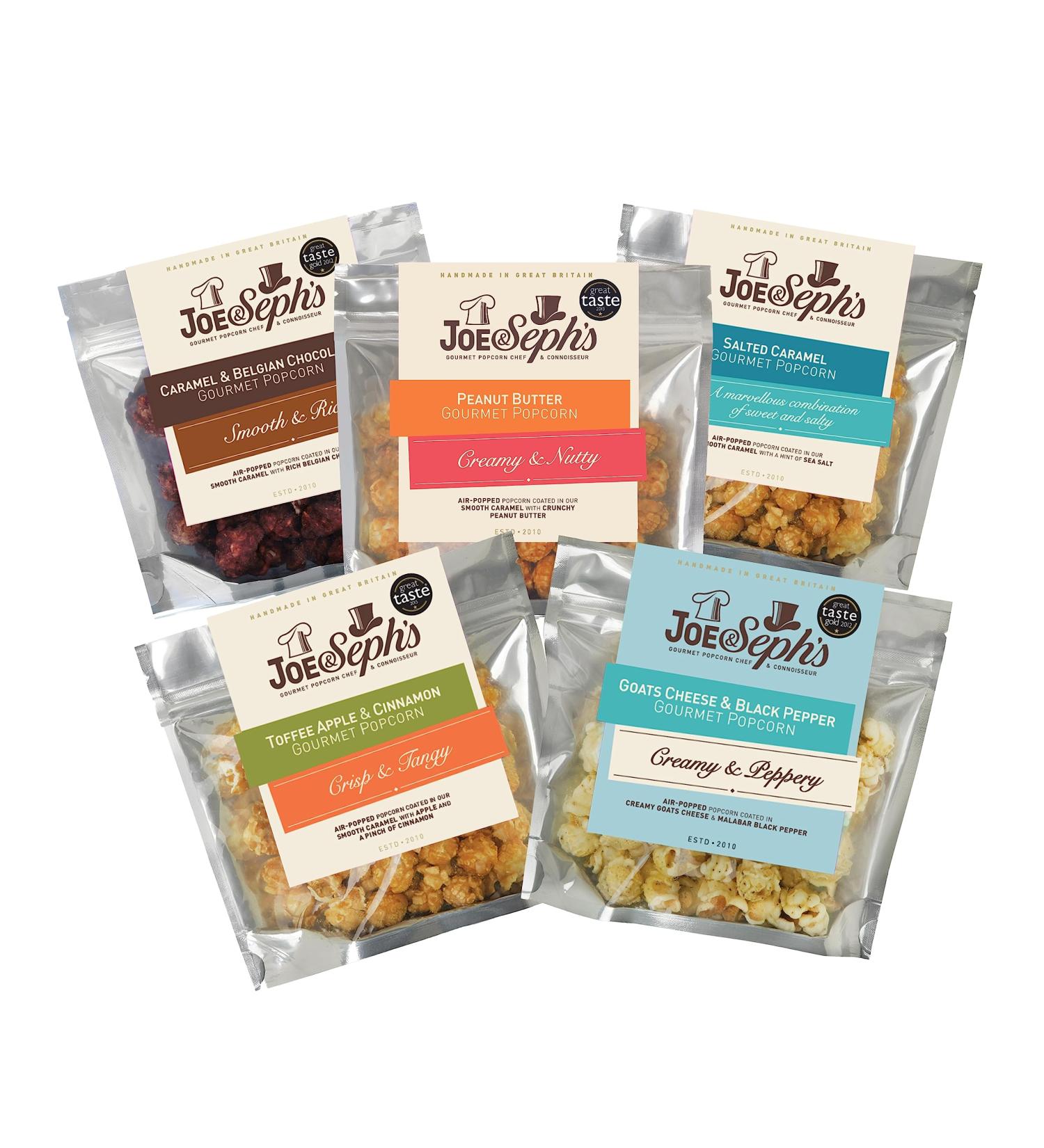 Joe & Seph's Bestsellers Popcorn Tasting Box | Gourmet Air-Popped Popcorn Selection - 5 Flavours, Ideal Gifts for Men and Women, Perfect for Parties and Movie Nights - 5x30g Pack - Buy Online on SooperMarket.com